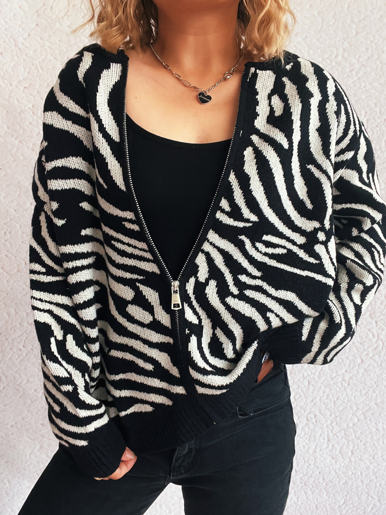 Zebra Print Zip Up Cardigan