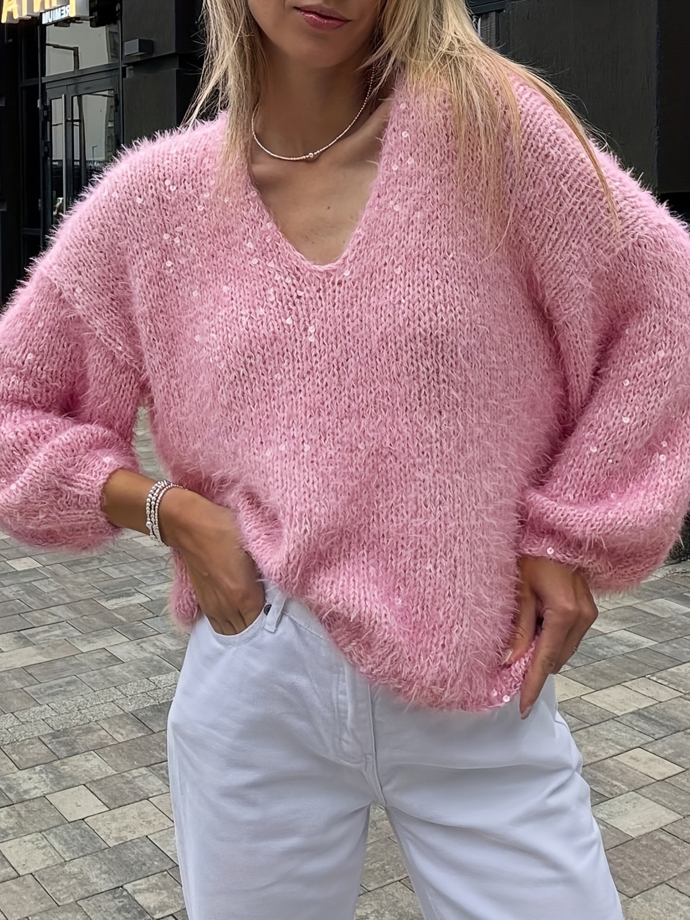 Sparkling Fuzzy V-Neck Knit Top