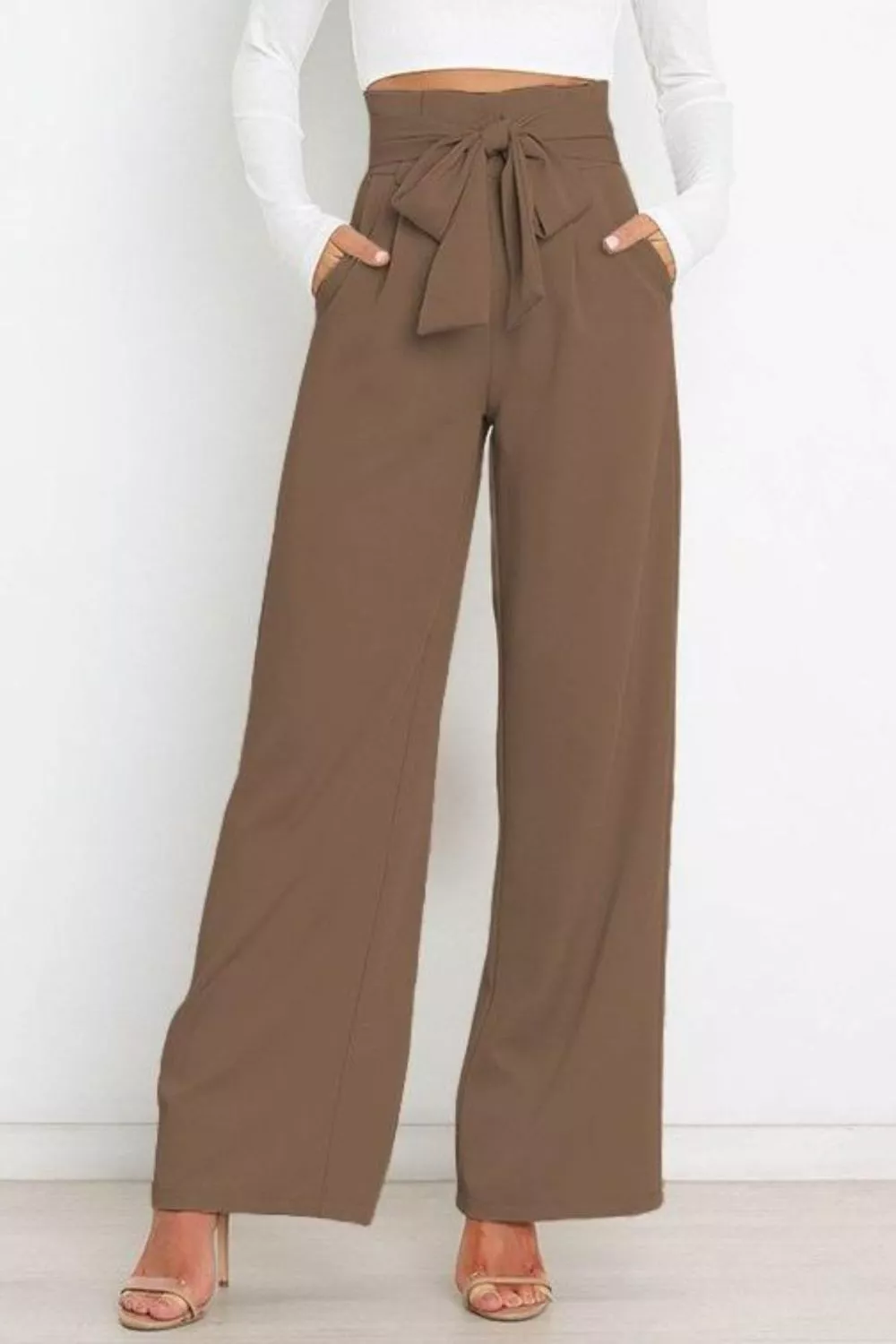 High Waist Tie Front Wide Leg Pants