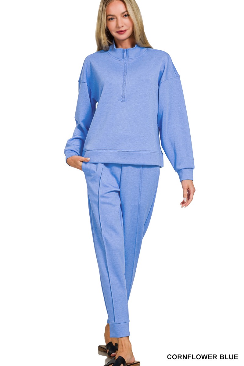 Zenana Scuba Half Zip Pullover and Jogger Set