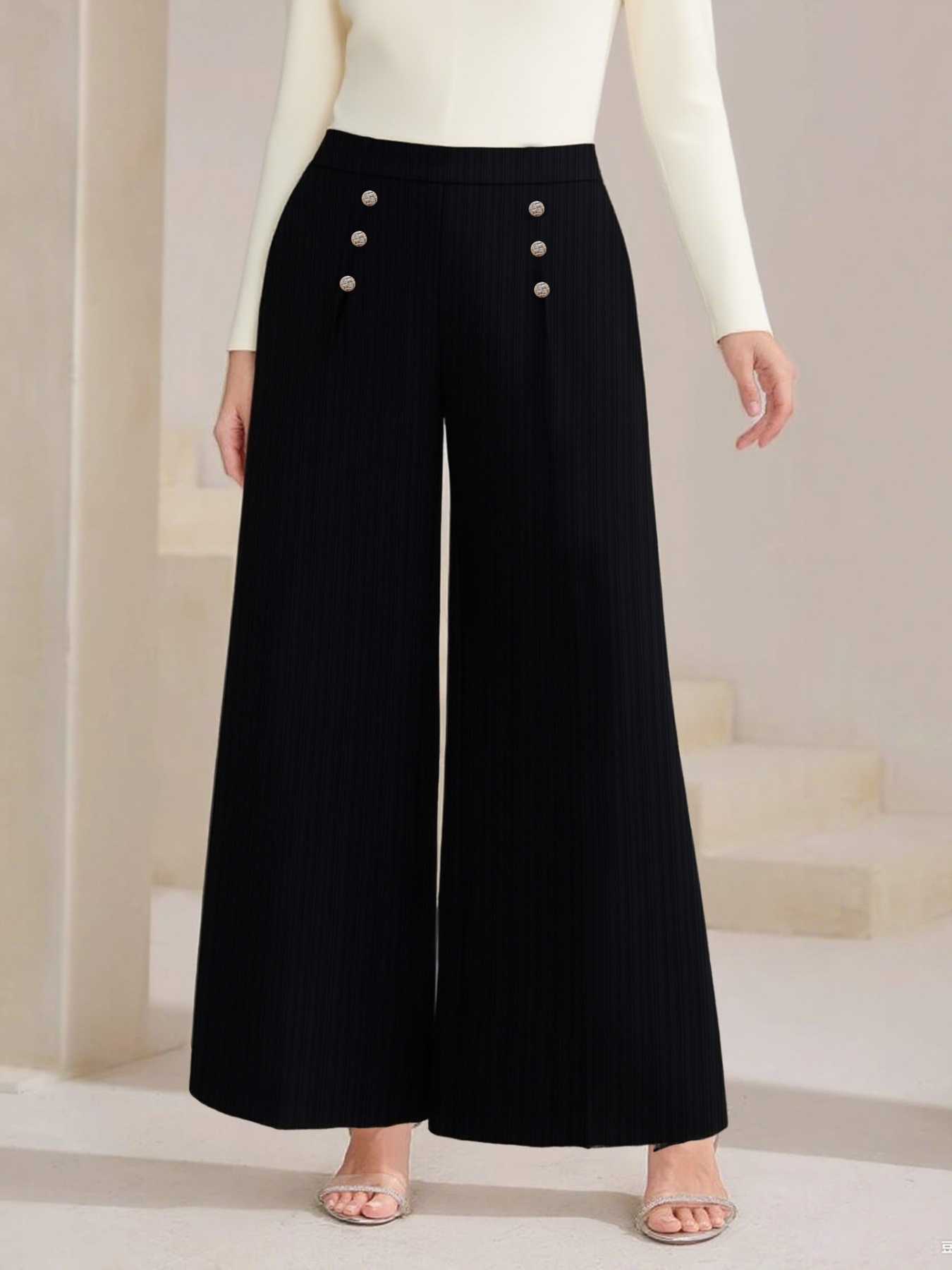 Plus Size High Waist Wide Leg Button Decor Pants