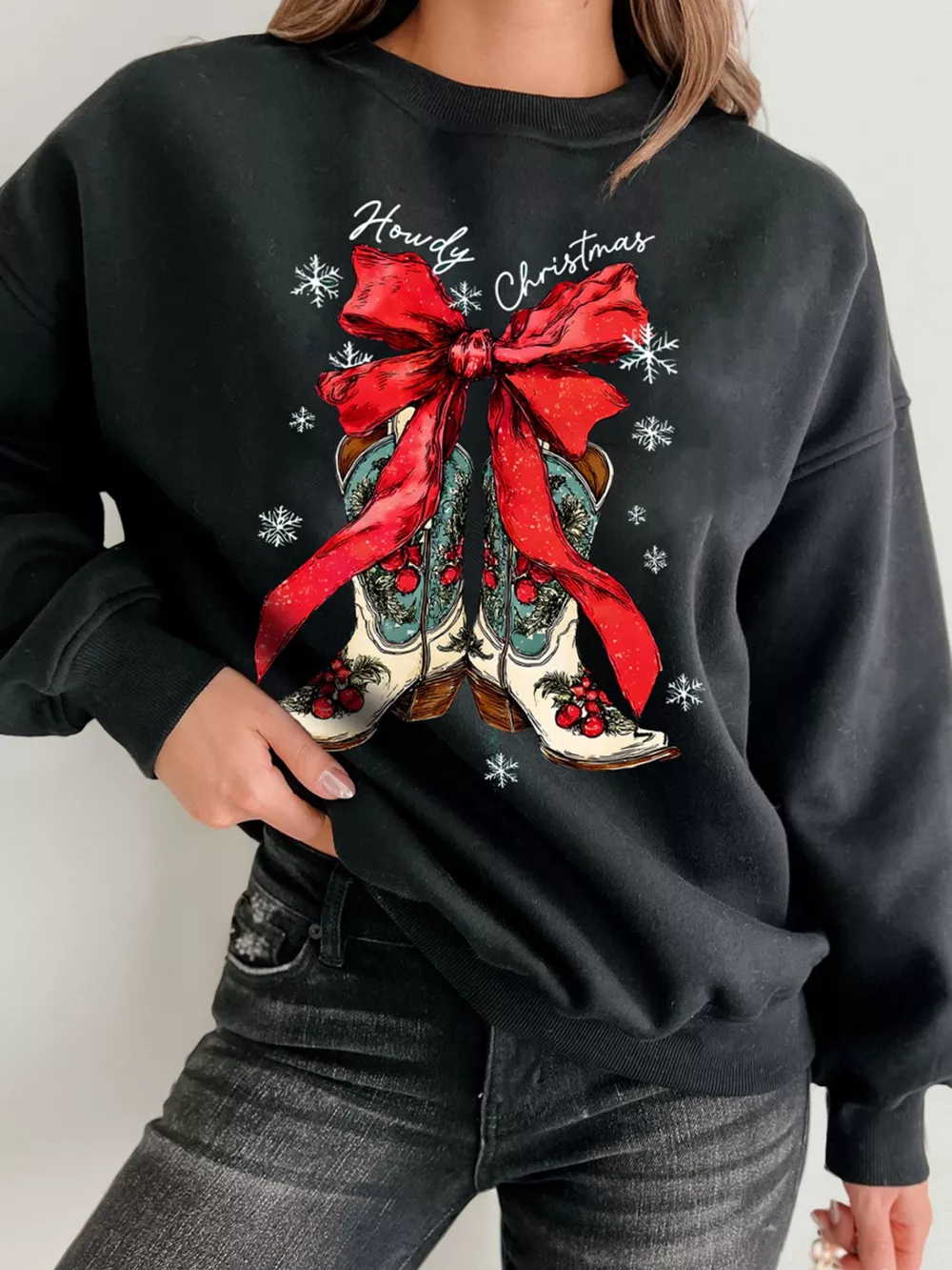 Howdy Christmas Ribbon Bow Knot Western Boots Graphic Sweatshirt