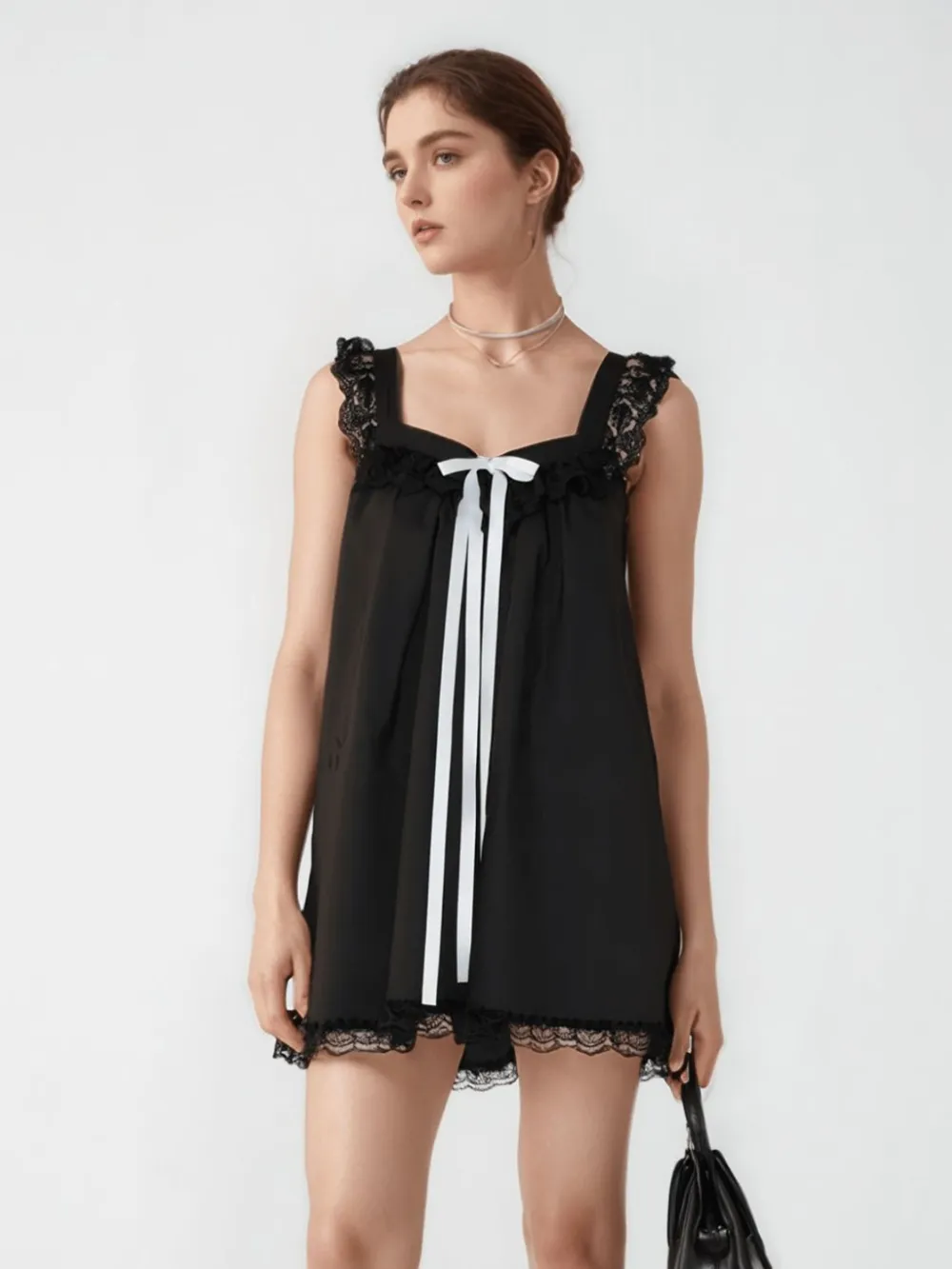Lace Detail Bow Sleeveless Mini Cami Dress