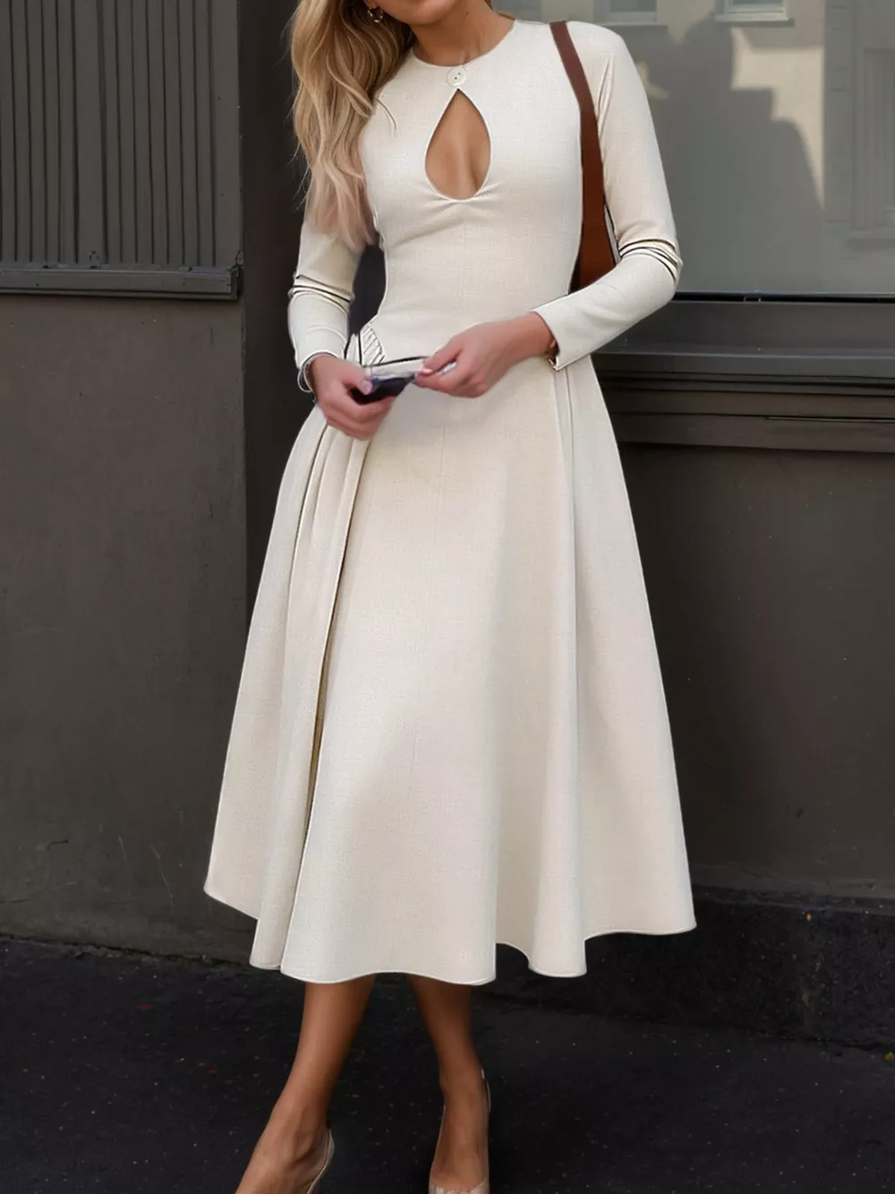 Cutout Front Long Sleeve A-Line Dress