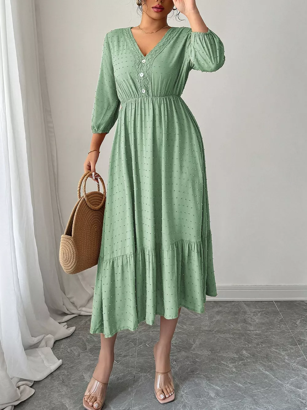 Swiss Dot Ruffle Hem Midi Dress