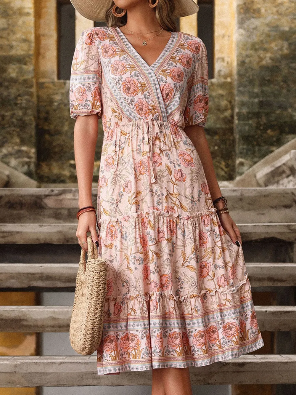 Printed Surplice Tiered Midi Dress
