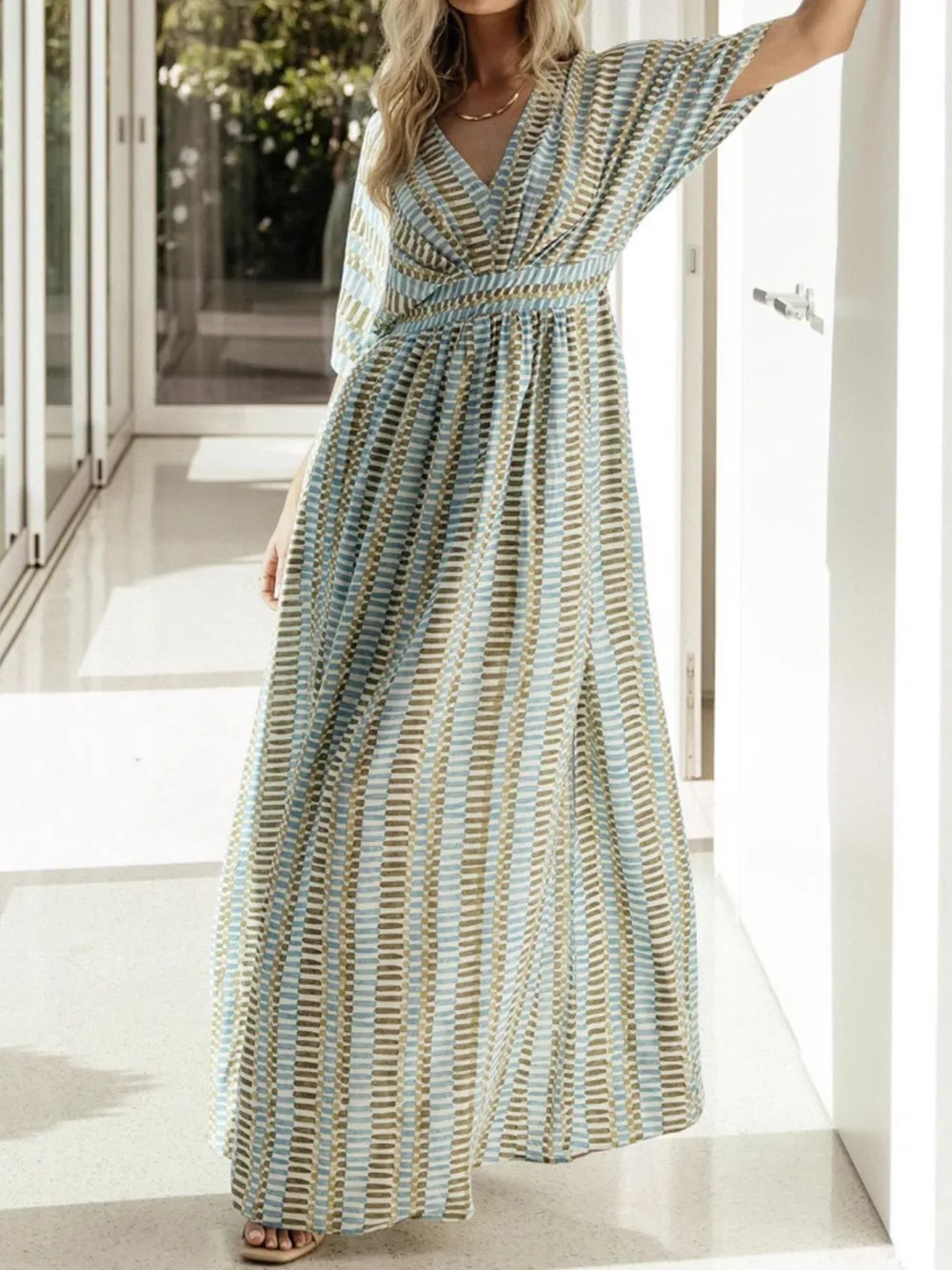 Slit V-Neck Short Sleeve Maxi Dress