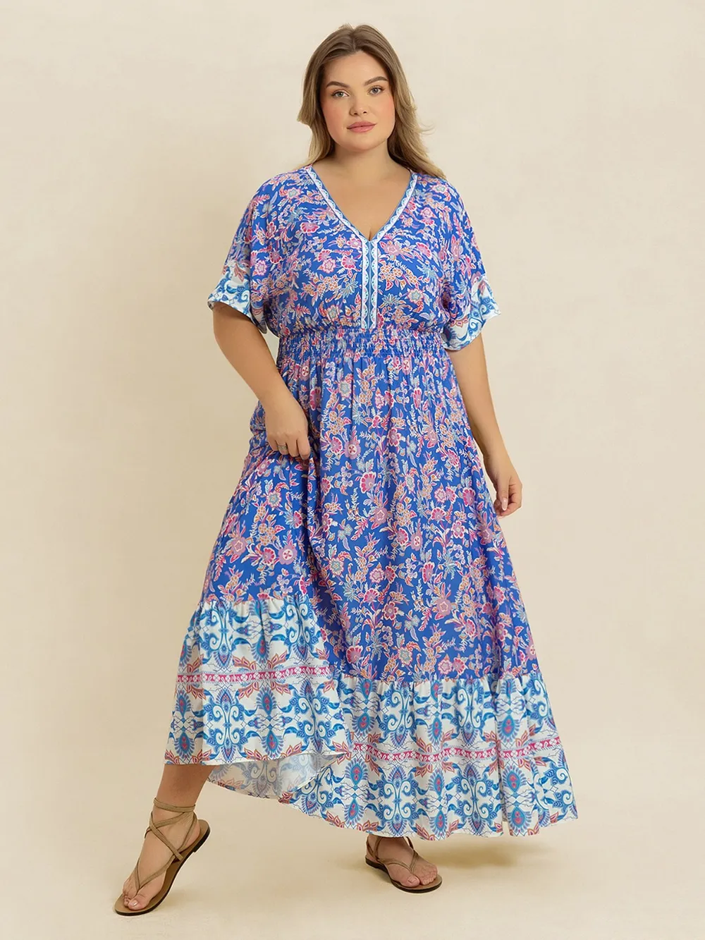 Plus Size Smocked Printed Half Sleeve Midi Dress