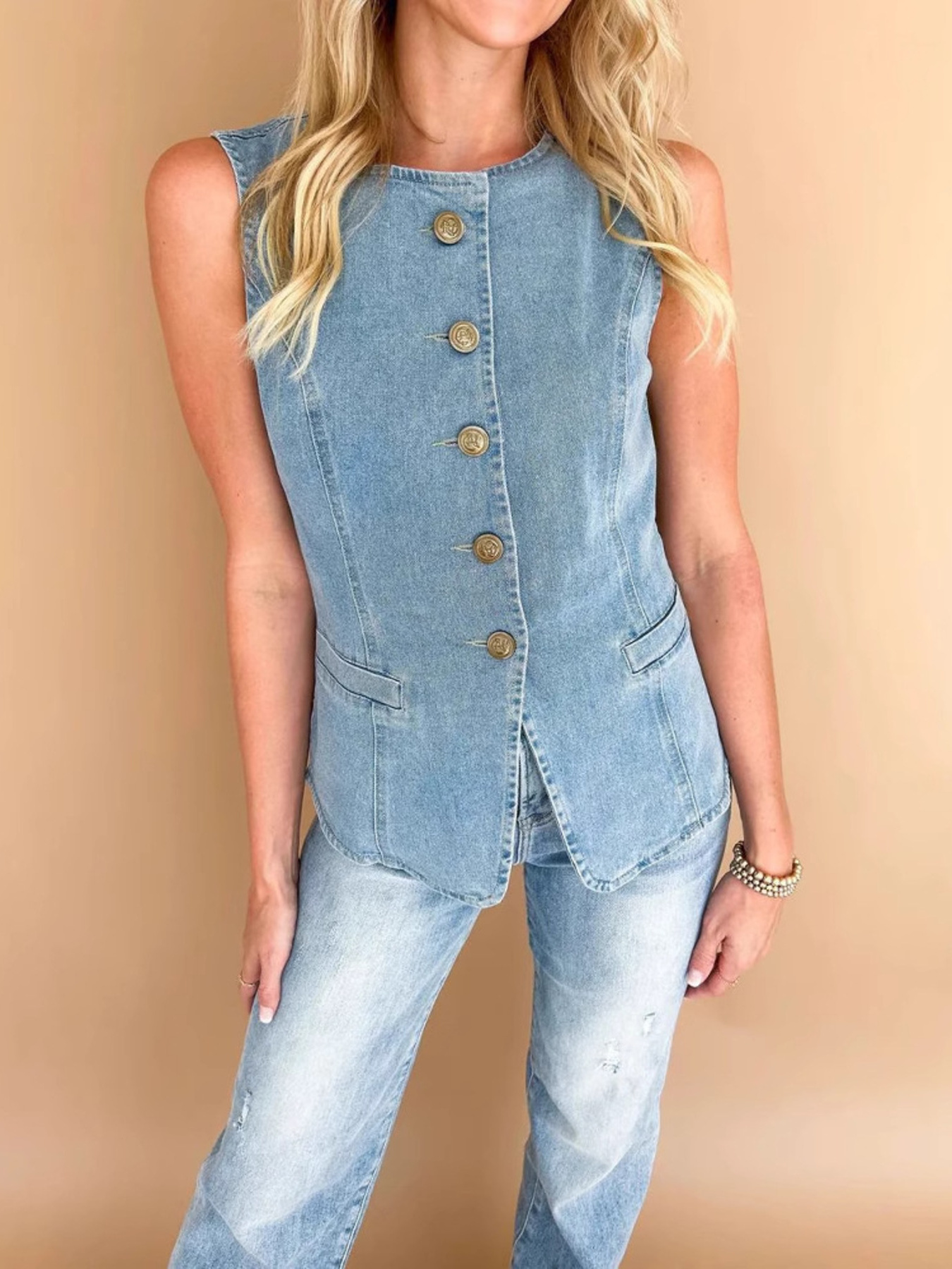 Sleeveless Button-Front Denim Vest