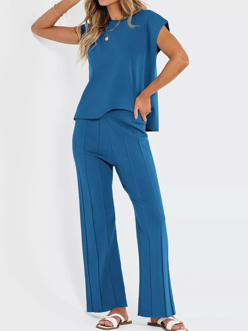 Casual Solid Color Cap Sleeve Top and Pants Knit Set