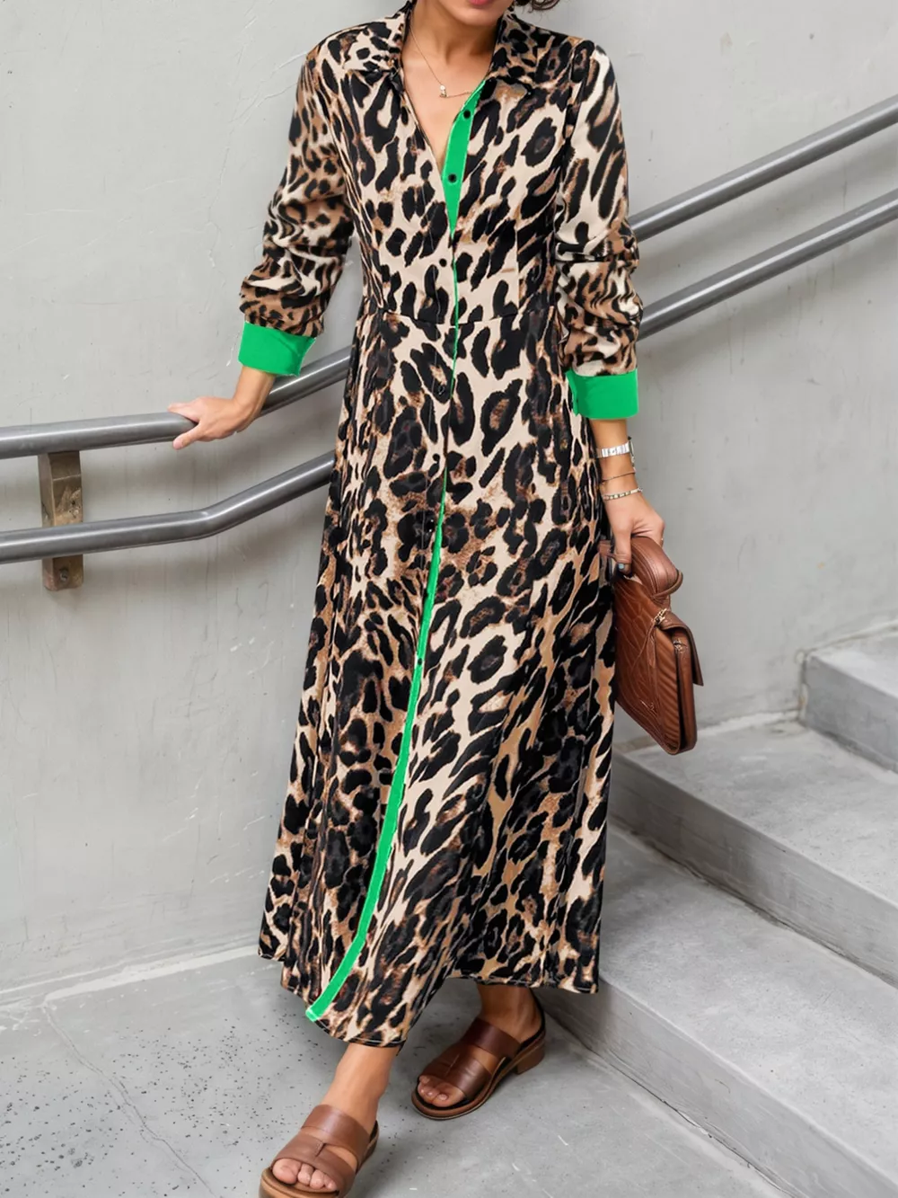 Leopard Print Long Sleeve Shirt Dress with Contrast Trim