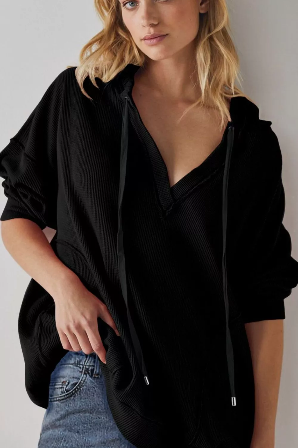 Exposed Seam Drawstring Long Sleeve Hoodie
