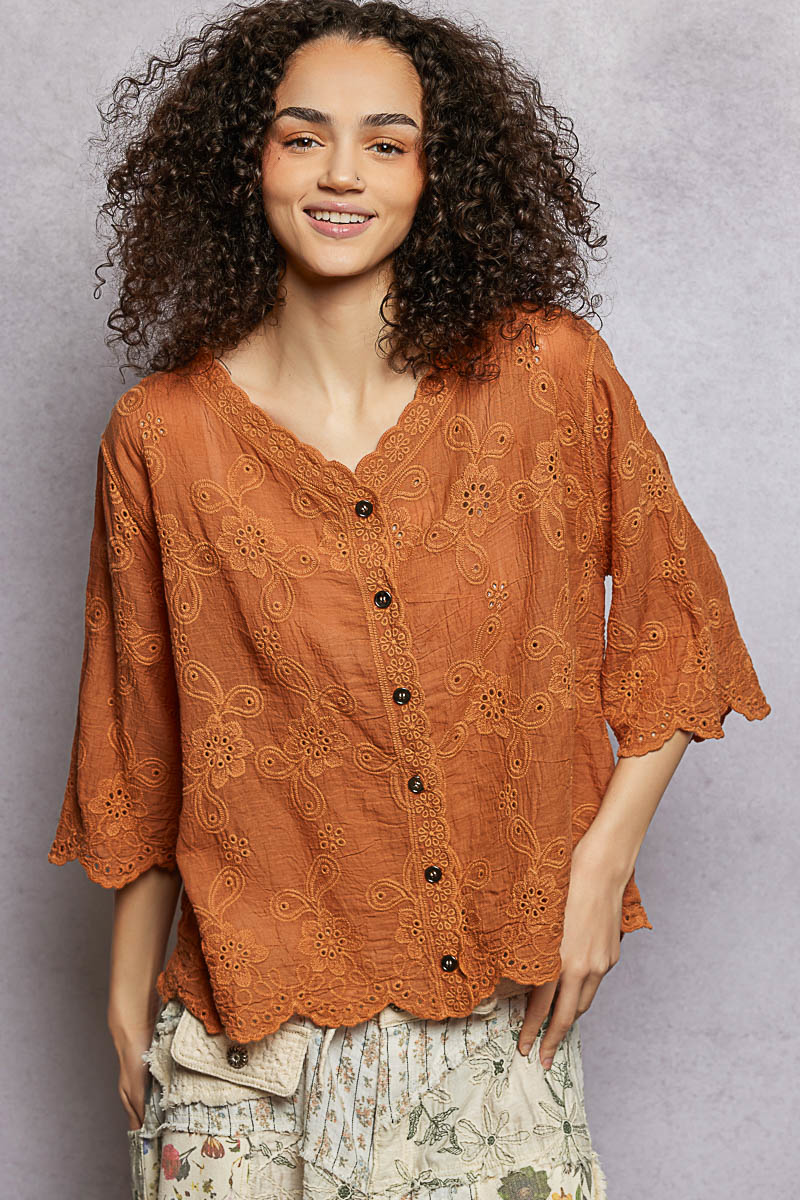 POL Floral Eyelet V-Neck Salloped Shirt