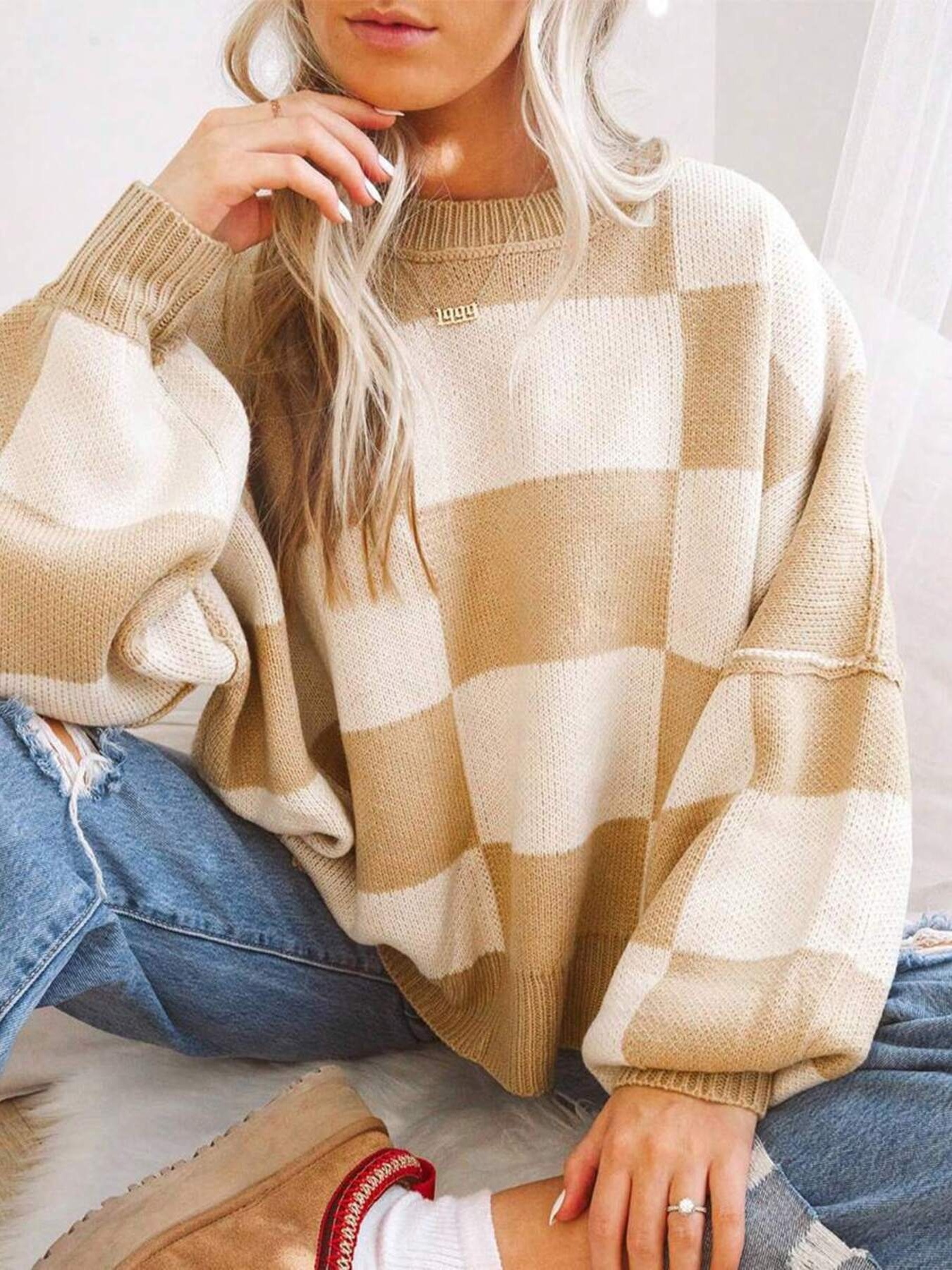 Checkered Pattern Oversized Sweater