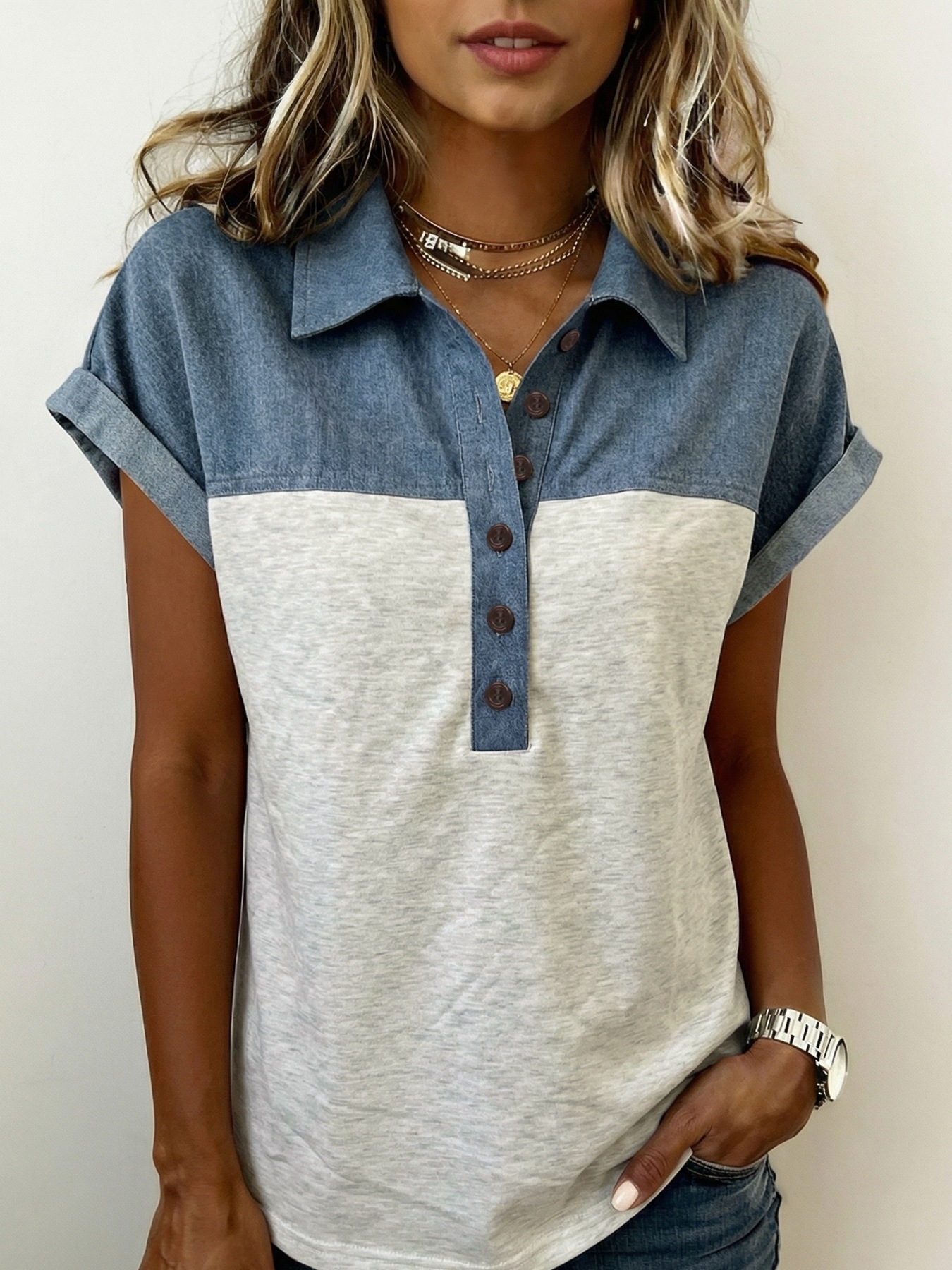 Color Block Denim Patchwork Button Polo Collar Short Sleeve Top