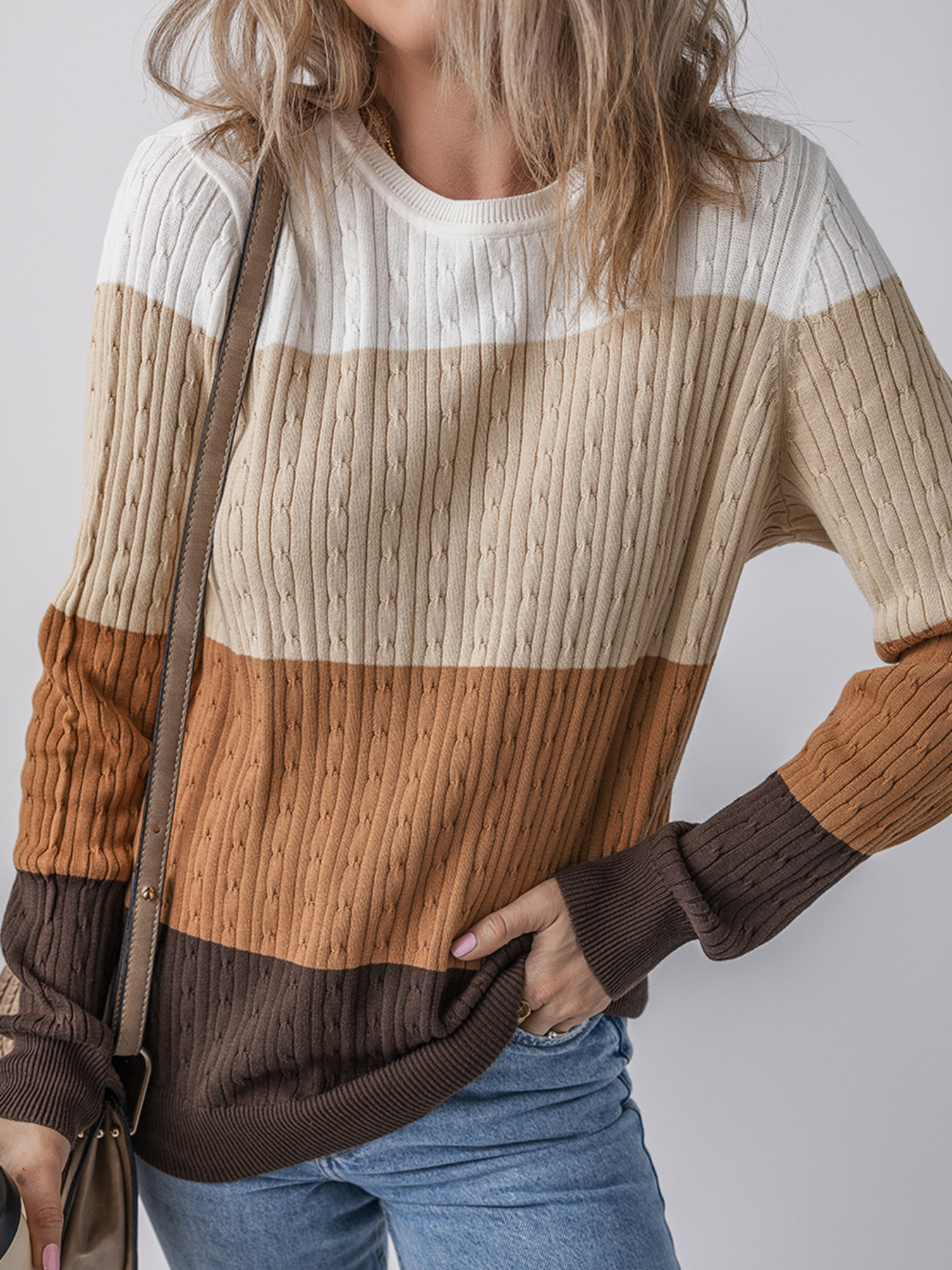 Colorblock Cable Knit Round Neck Sweater