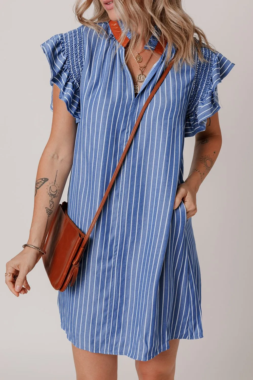 Stripe Frilly Split Neck Shirred Ruffle Sleeve Short Shift Dress
