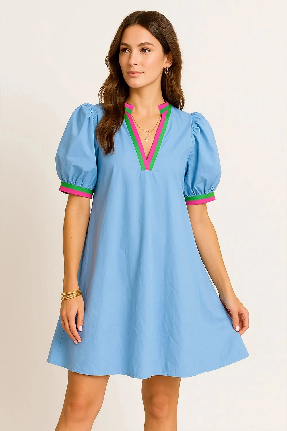 Notched Puff Sleeve Swing Dress