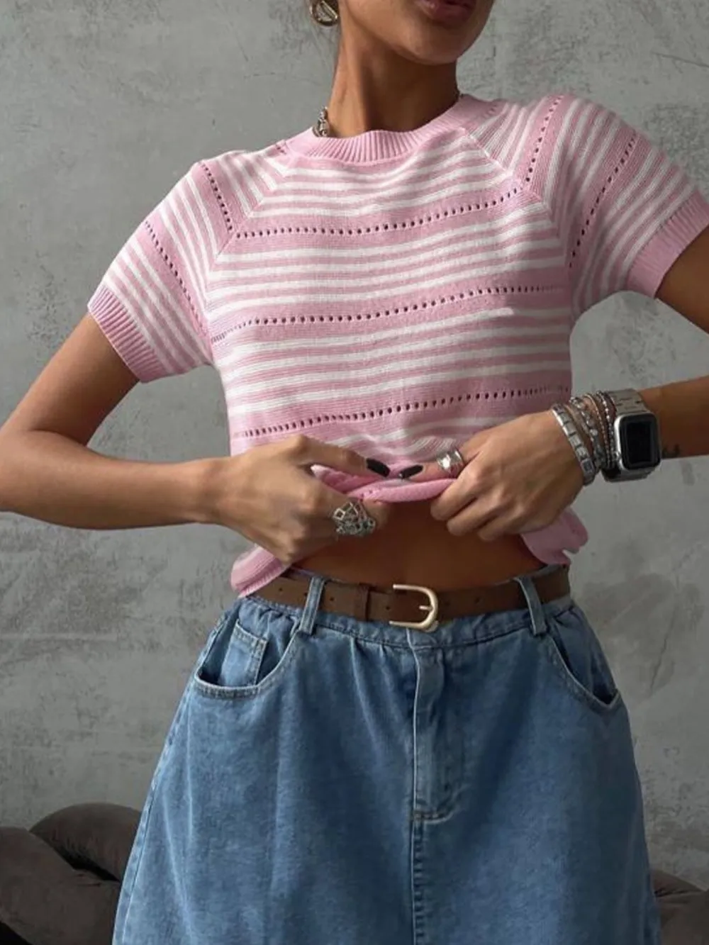 Striped Hollow-Out Short Sleeve Knit Top
