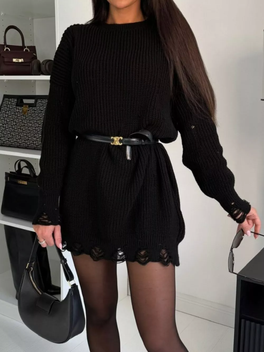Distressed Round Neck Drop Shoulder Sweater Dress