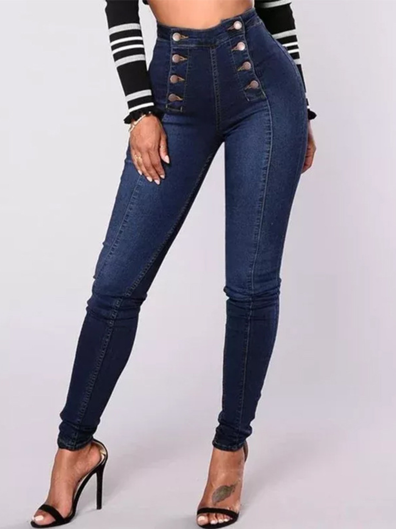 Full Size High-Waisted Double-Breasted Skinny Jeans Plus Size