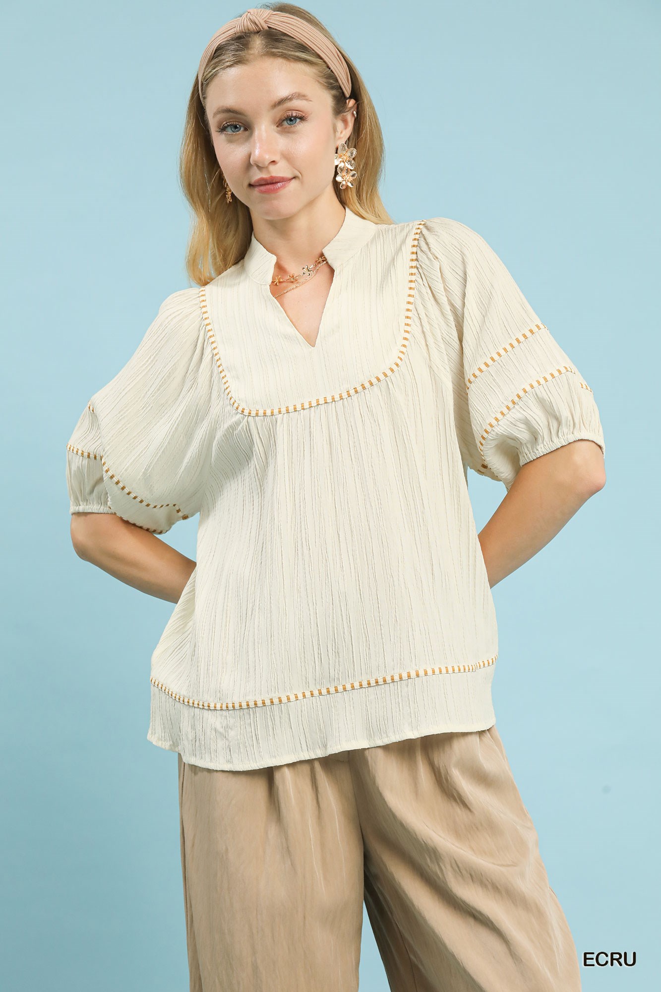 Umgee Textured Short Sleeve Top with Contrast Trim