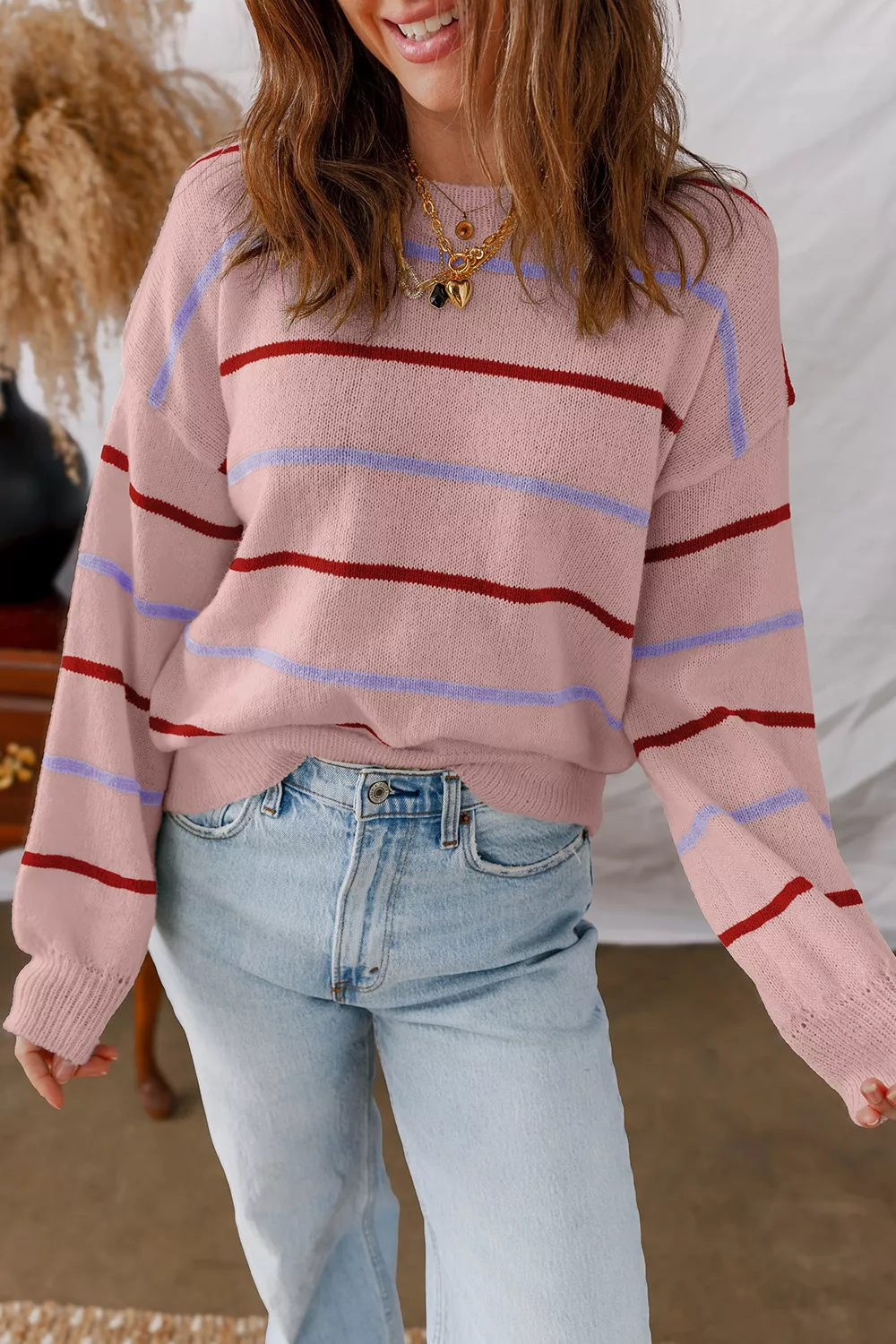 Striped Drop Shoulder Long Sleeve Sweater
