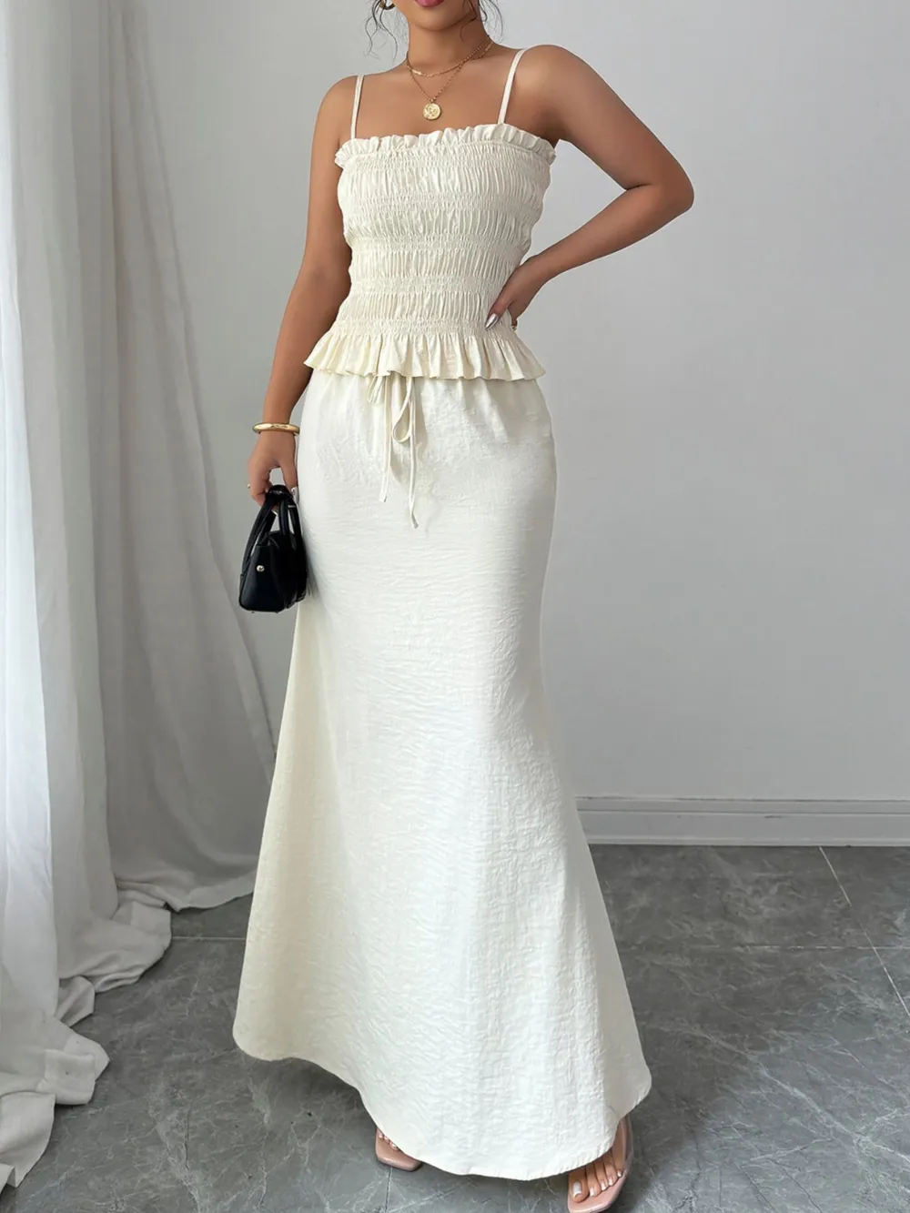 Smocked Ruffled Hem Cami and Maxi Skirt Set
