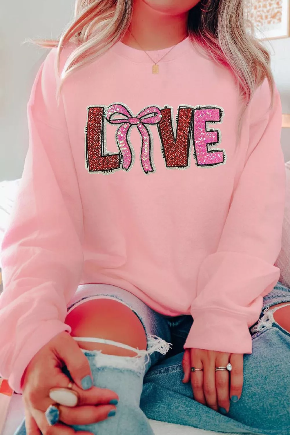Bow Love Sequin Pattern Valentine Sweatshirt
