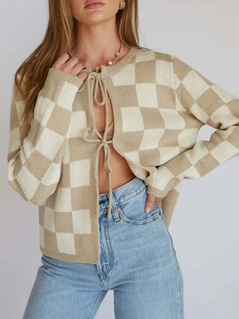Checkered Tie-Front Cropped Cardigan