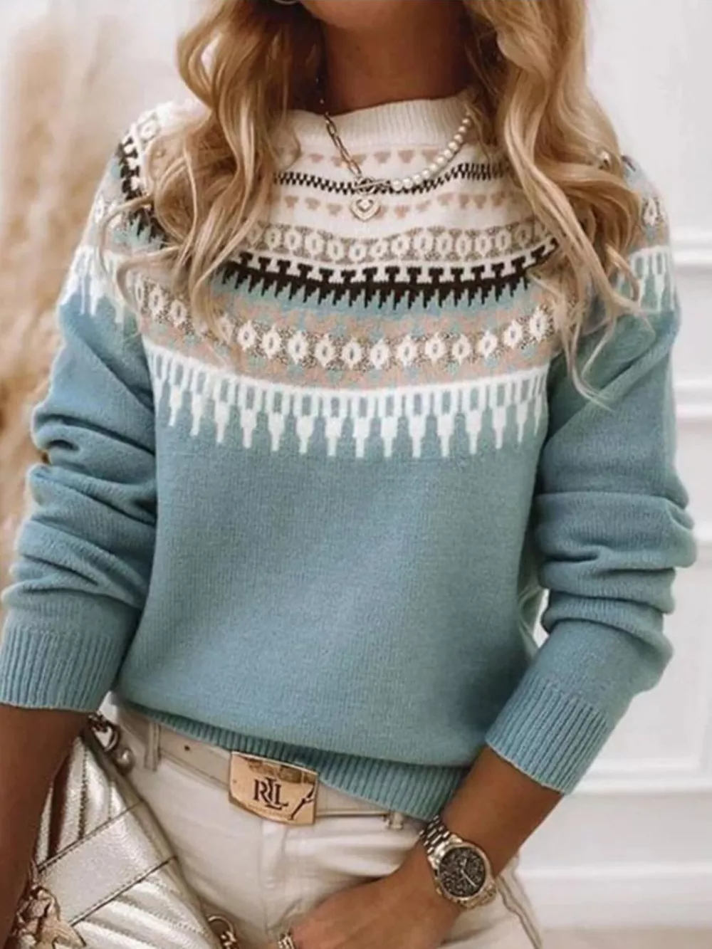 Full Size Vintage Patterned Round Neck Sweater Plus Size