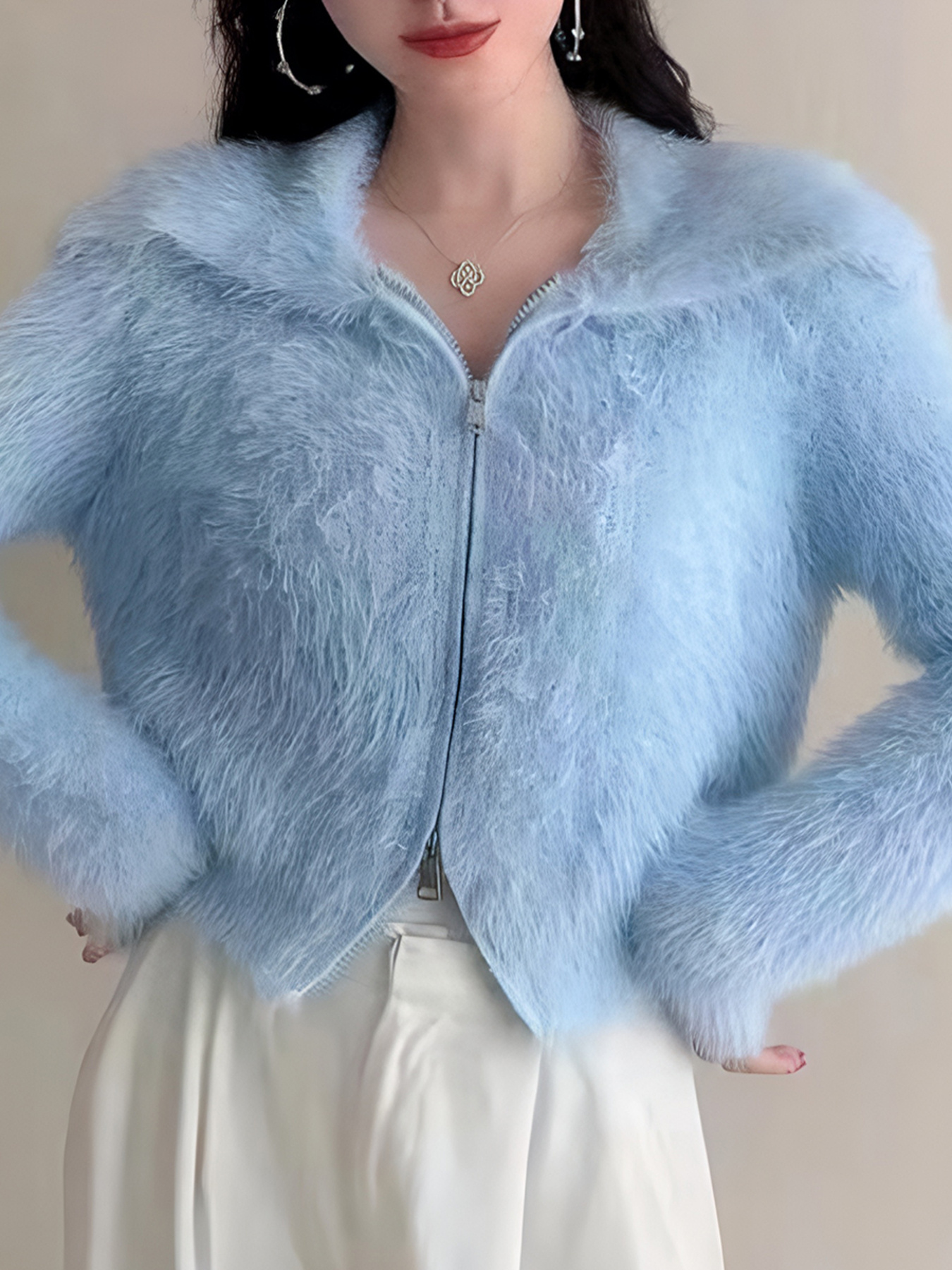Fluffy Knit Zip-Up Outerwear