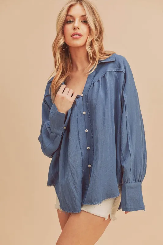 Aemi + Co Raw Hem Button Down Raglan Sleeve Shirt