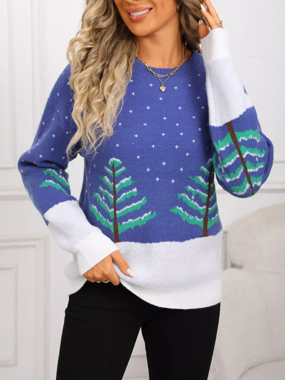 Tree Pattern Round Neck Sweater