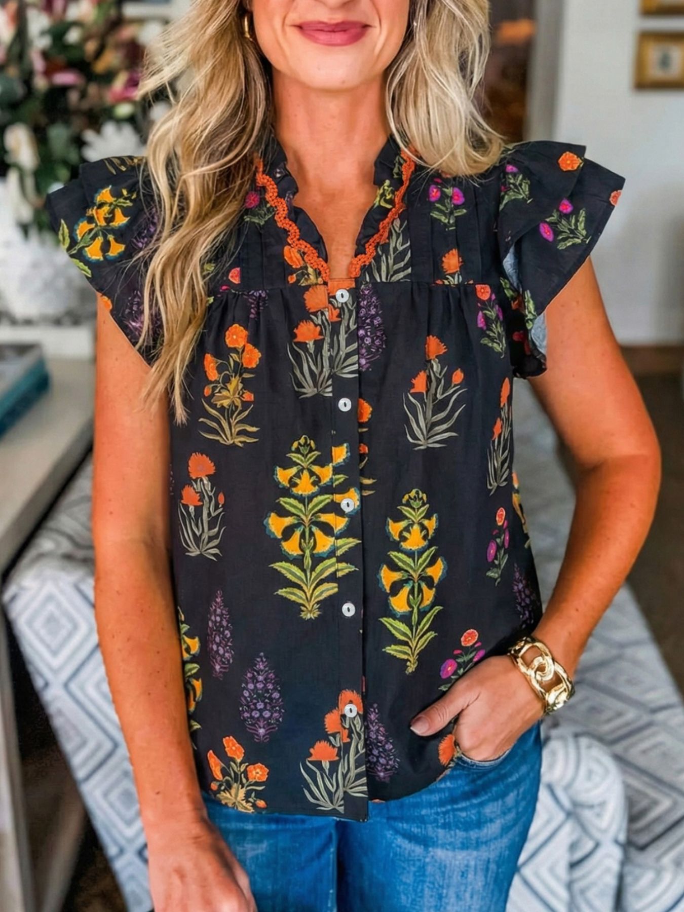 Floral Print Lace Trim Frilled V Neck Short Sleeve Shirt
