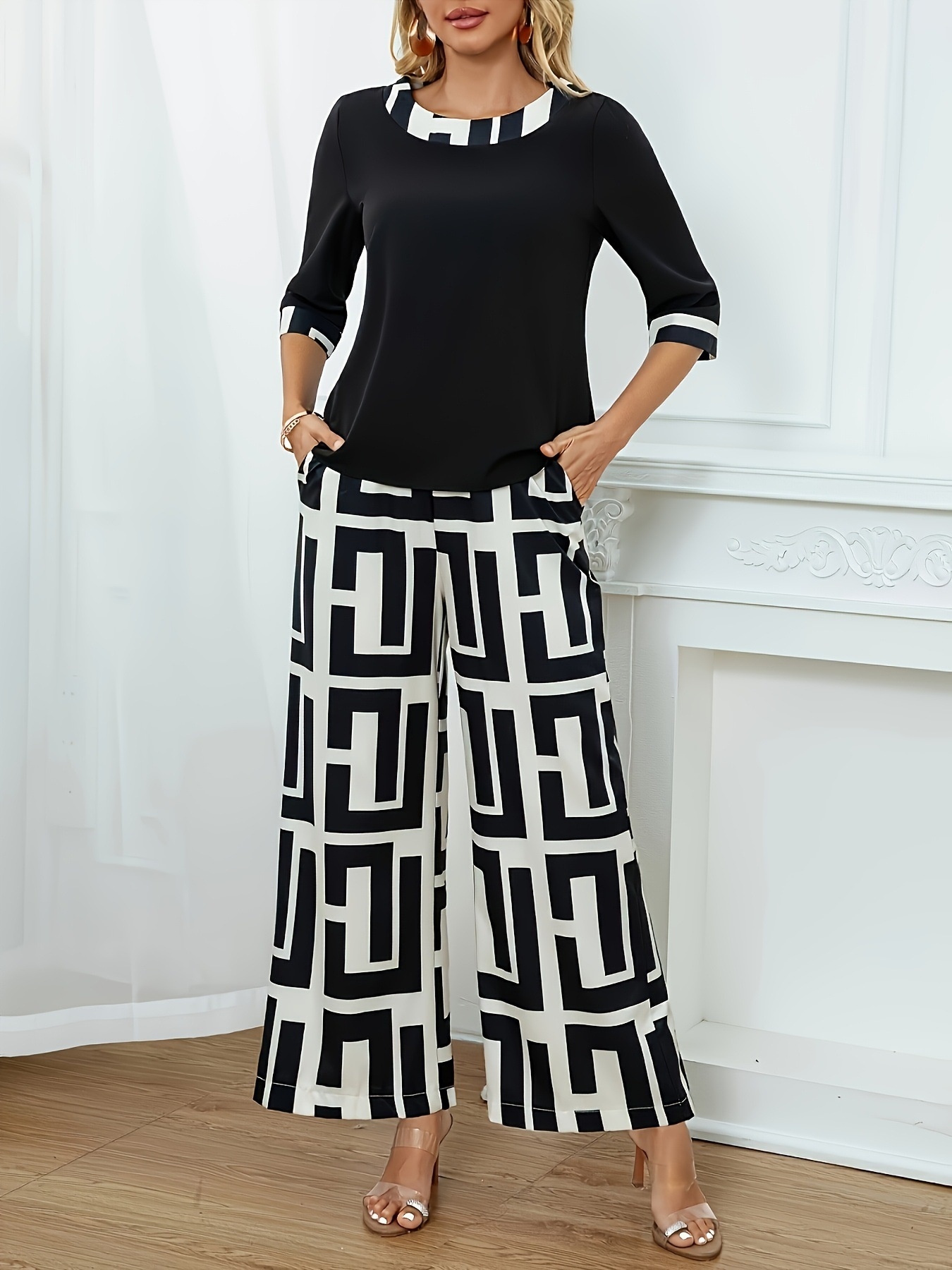 Geometric Print Round Neck Top and Pants Two-Piece Set