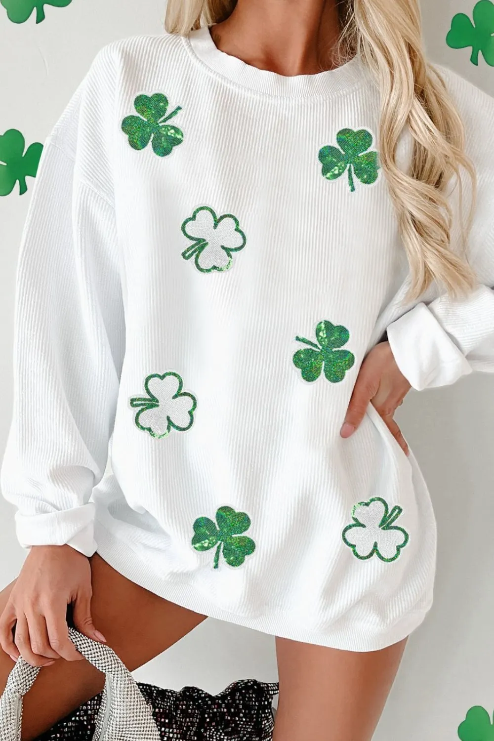 Sequin Lucky Clover Round Neck Long Sleeve Sweatshirt