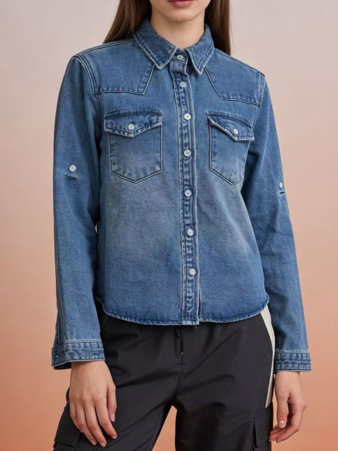 Button Down Classic Western Style Denim Top