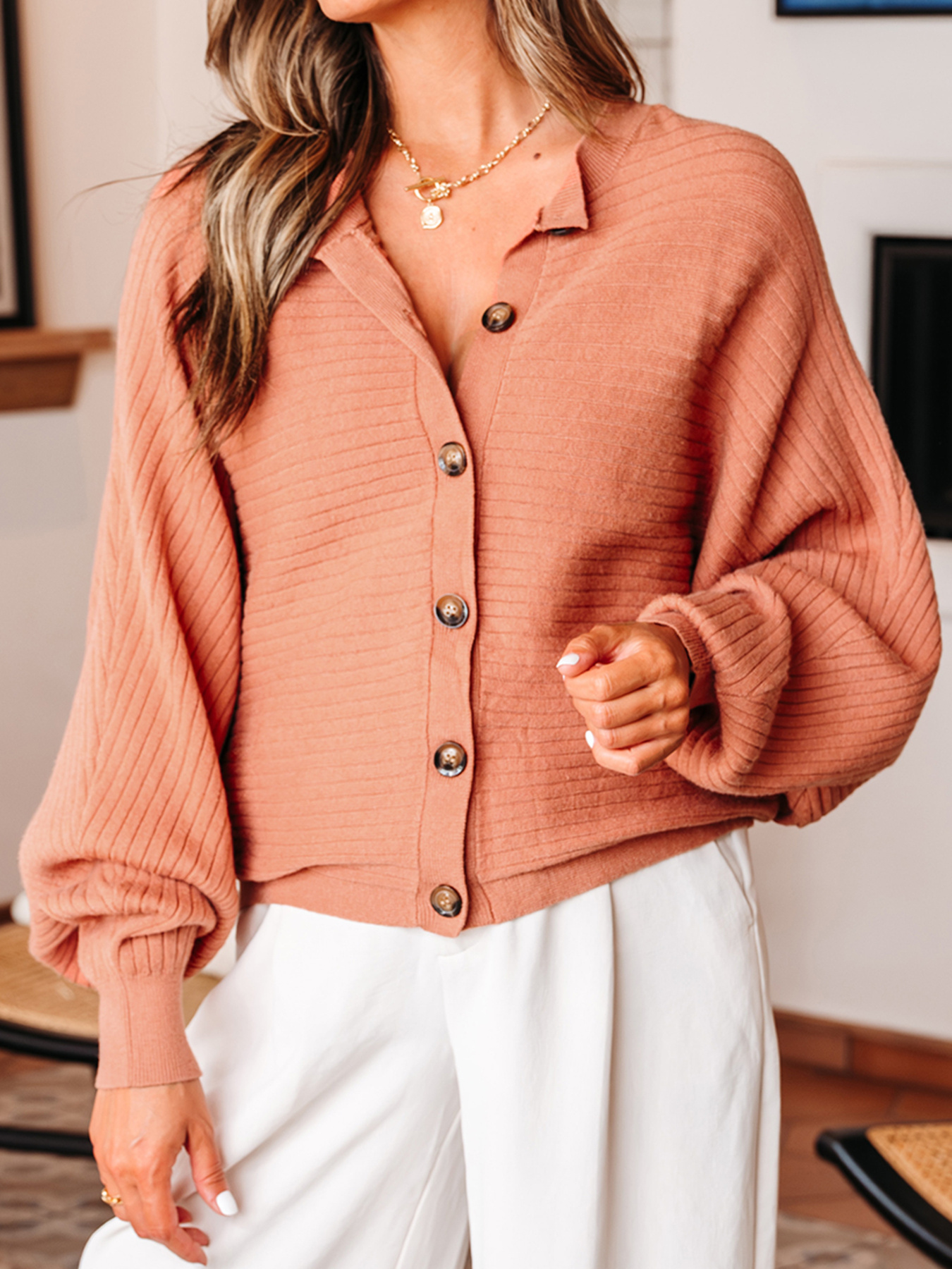Rib Knit Button Front Dolman Sleeve Sweater Cardigan