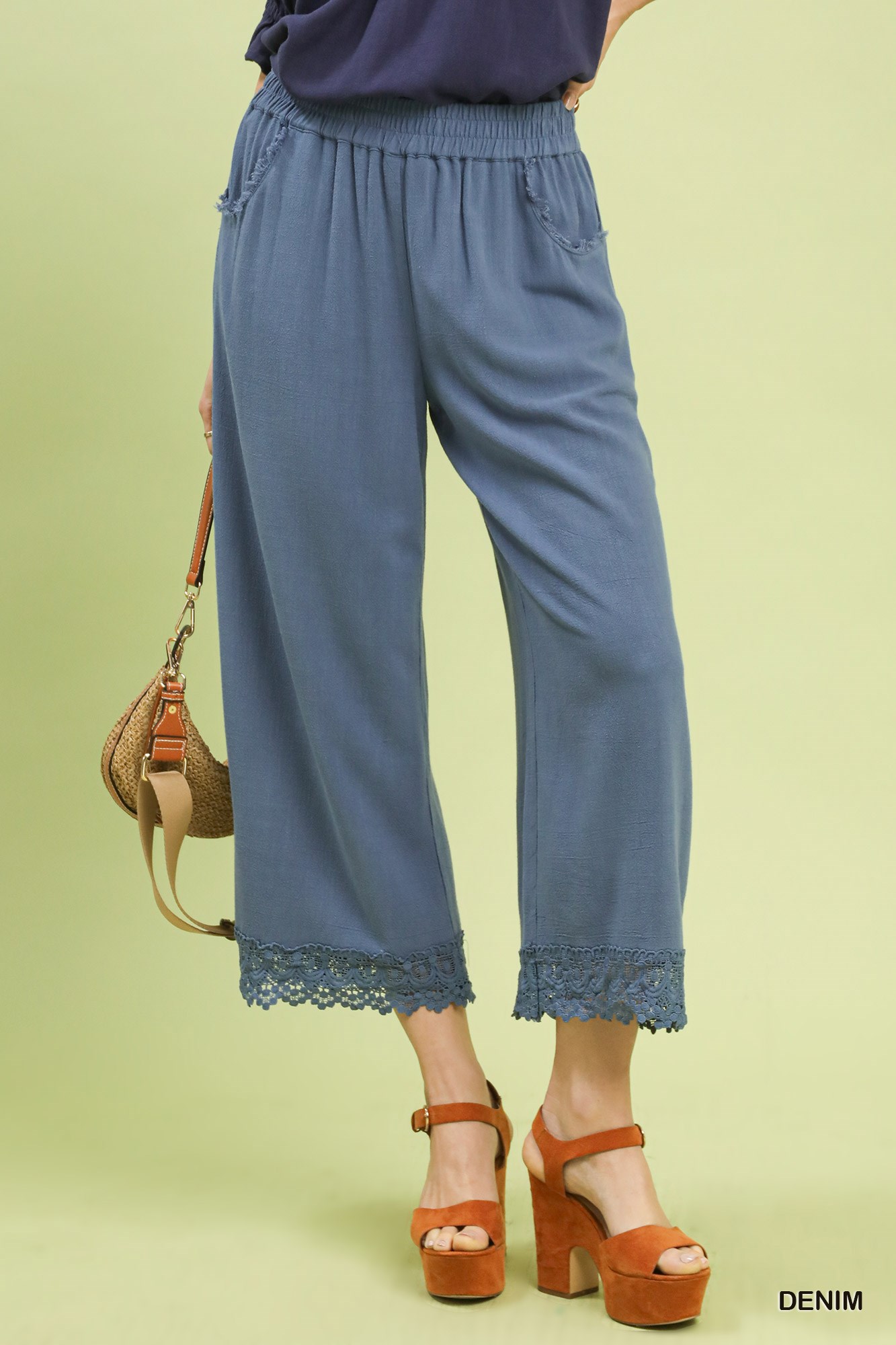 Umgee Linen Wide Leg Cropped Pants with Lace Trim