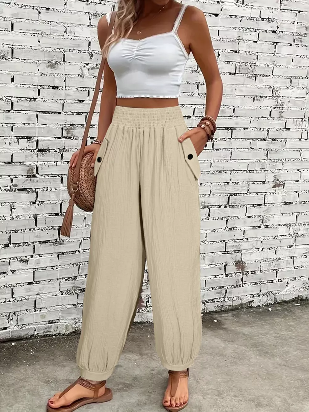 Smocked Textured Casual Pants