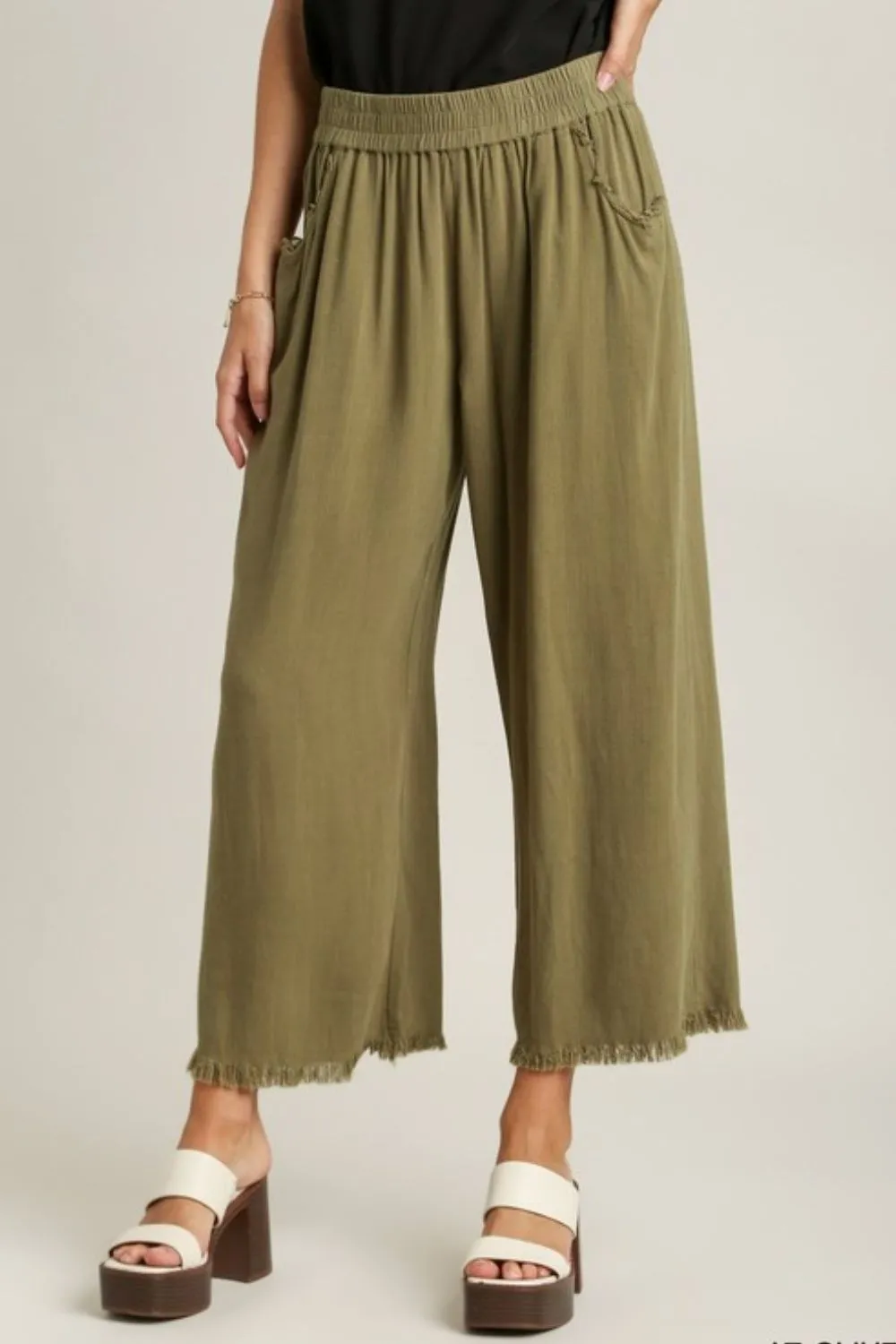Umgee Full Size Linen Blend Elastic Waistband Wide Leg Pants Plus Size