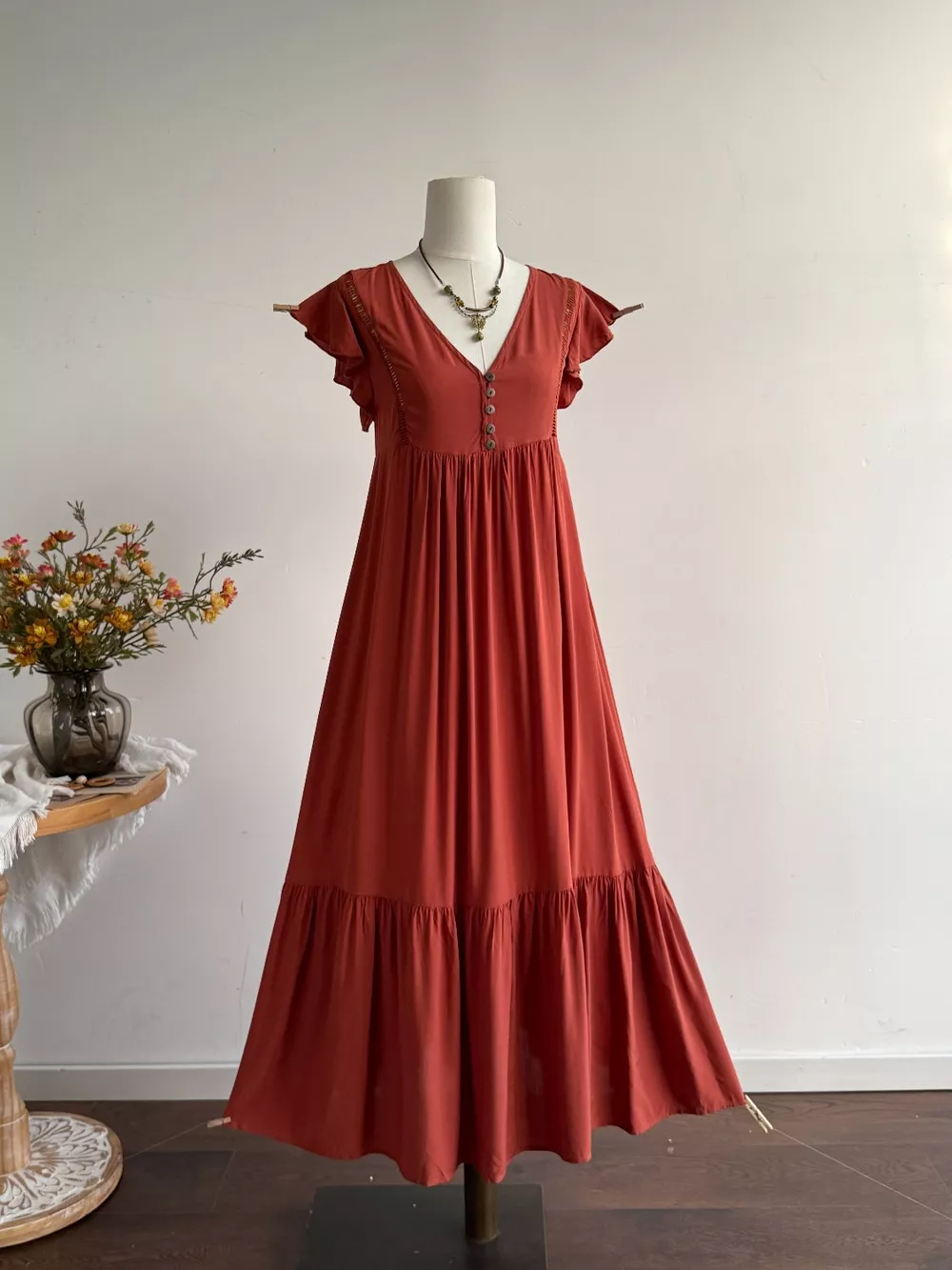 Ruffle Sleeve Maxi Dress with Button Detail
