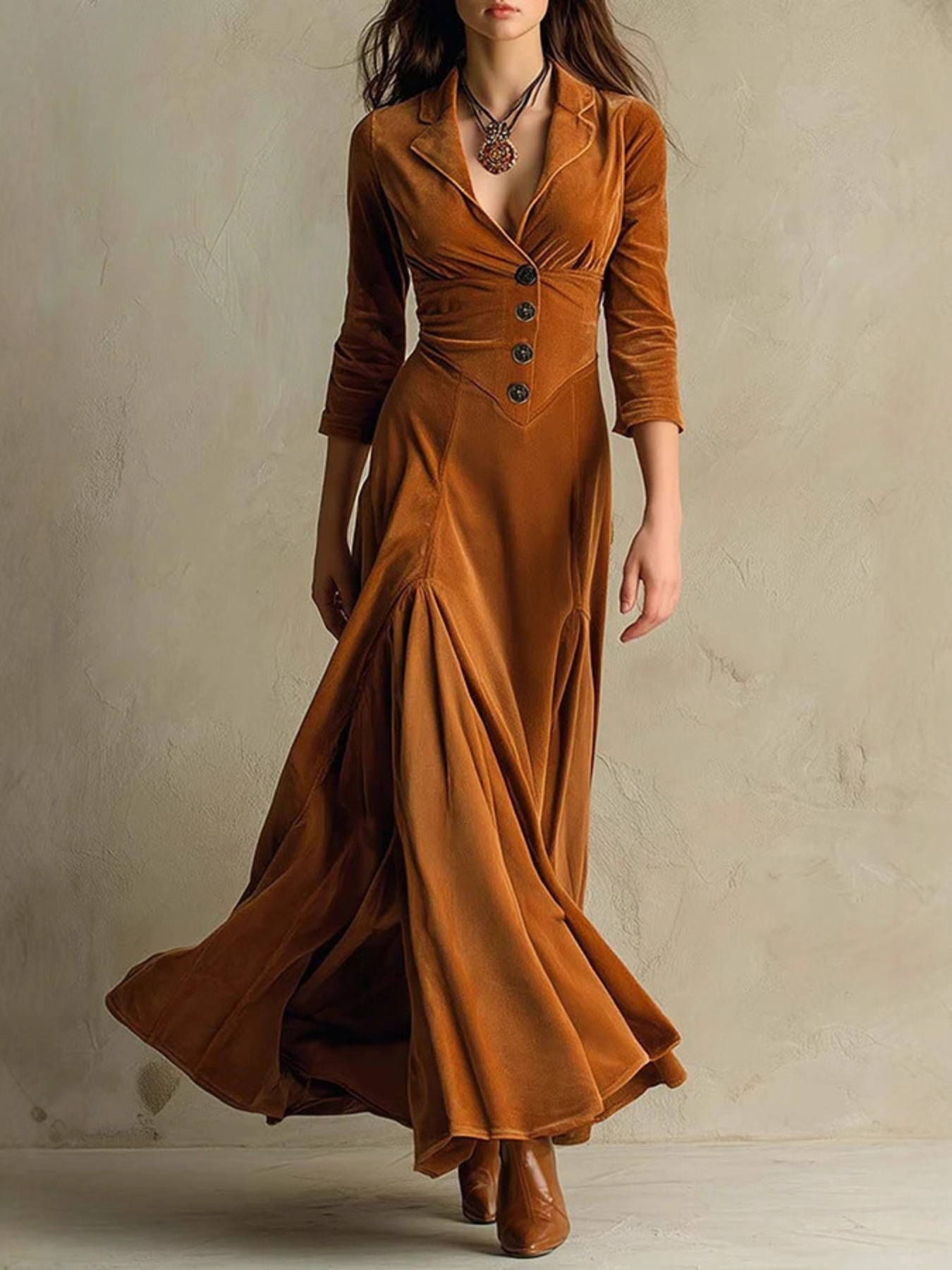 Velvet Button Front 3/4 Sleeve Maxi Dress
