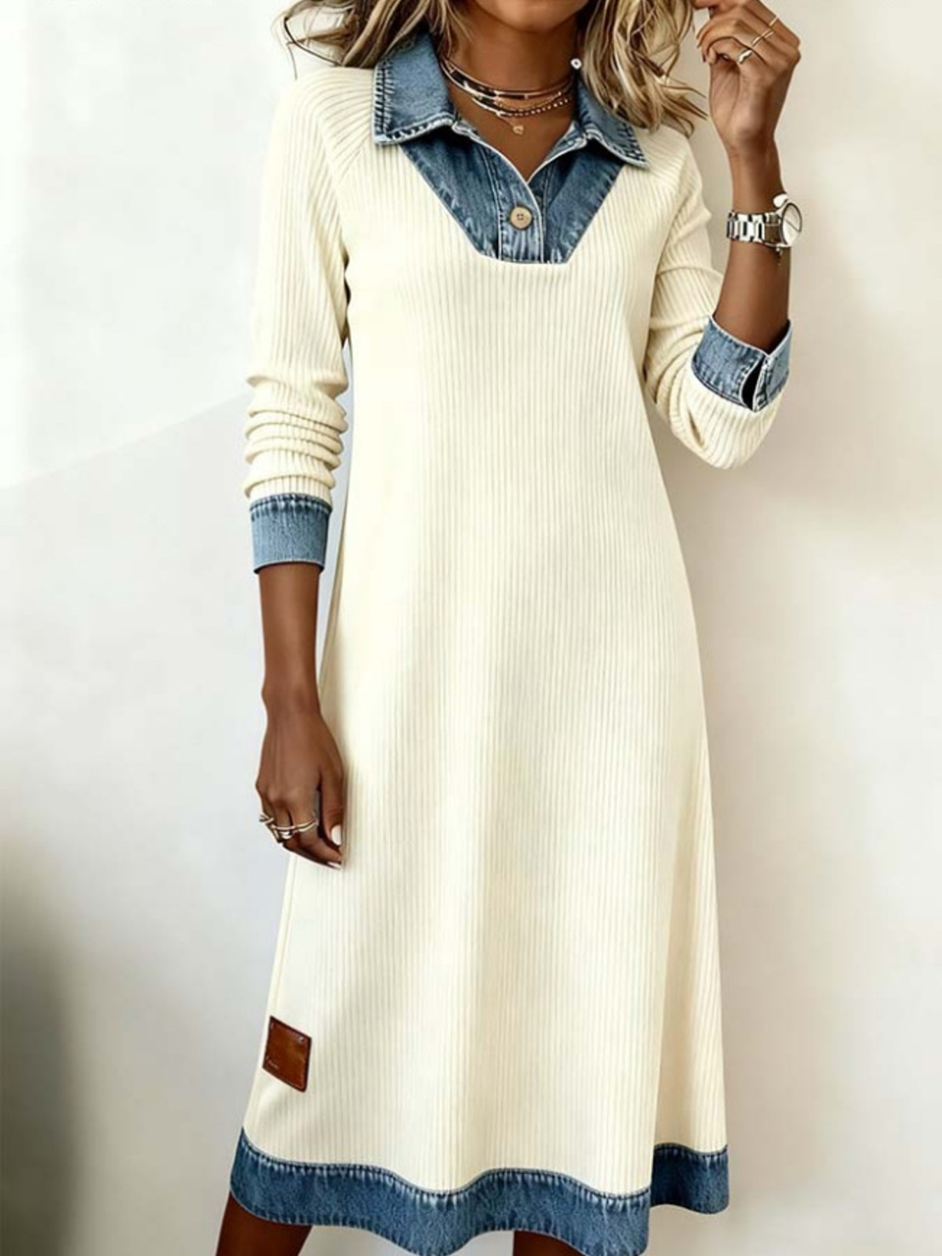 Full Size Denim Trim Ribbed Knit Midi Dress Plus Size