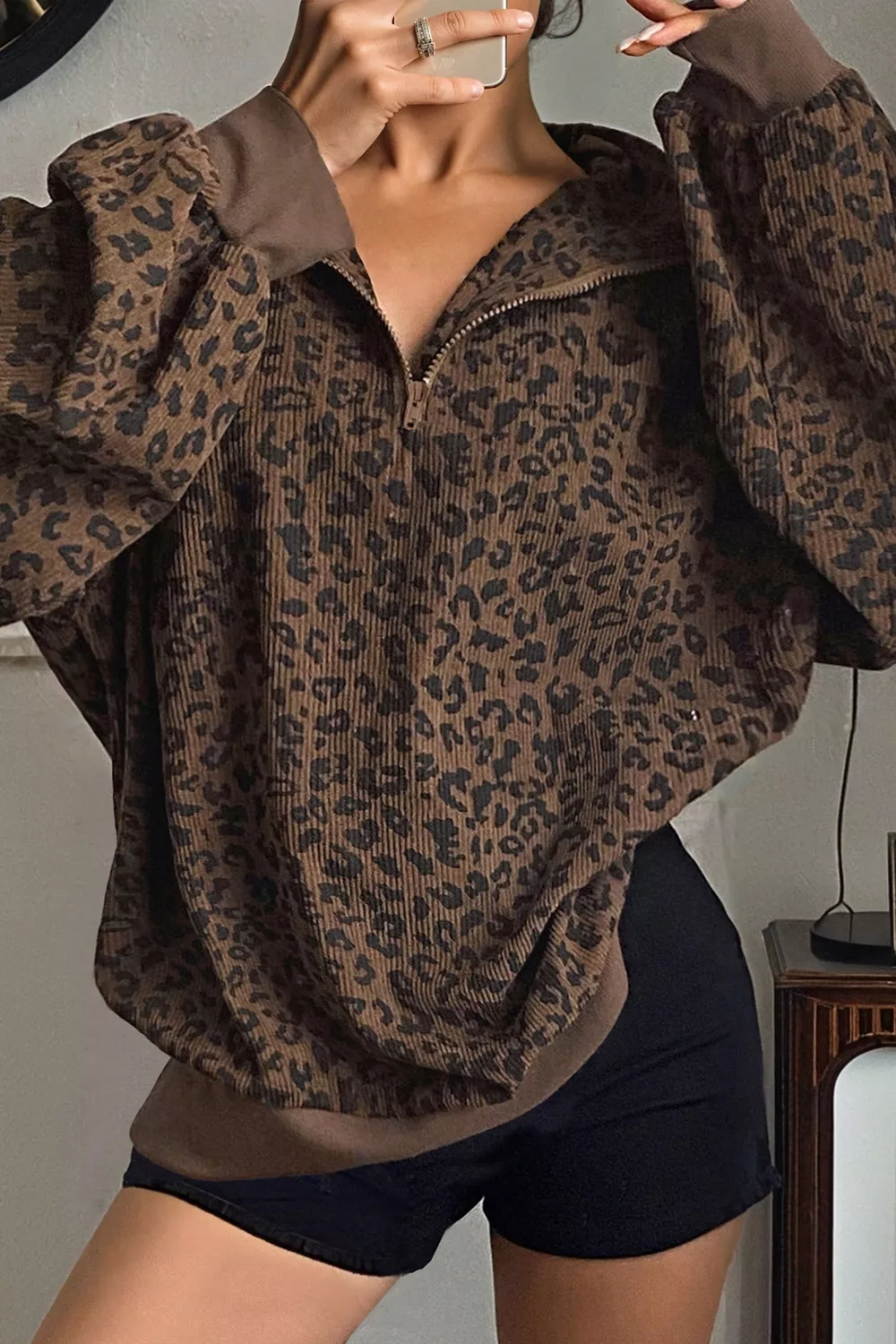 Leopard Print Quarter Zip Corduroy Sweatshirt