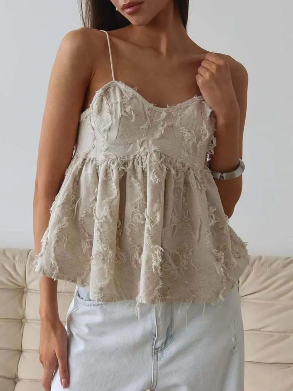 Backless Fringe Cropped Babydoll Cami