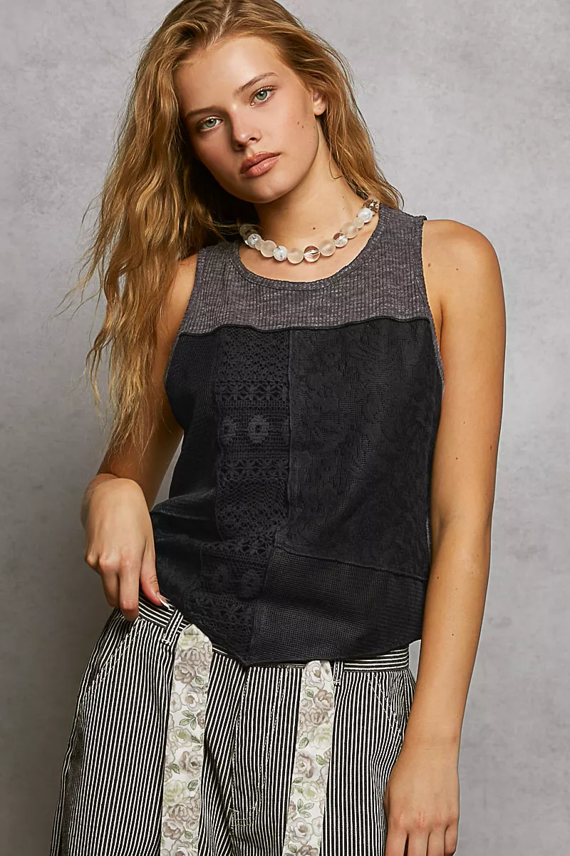 POL Ribbed Round Neck Cropped Tank with Lace Detail
