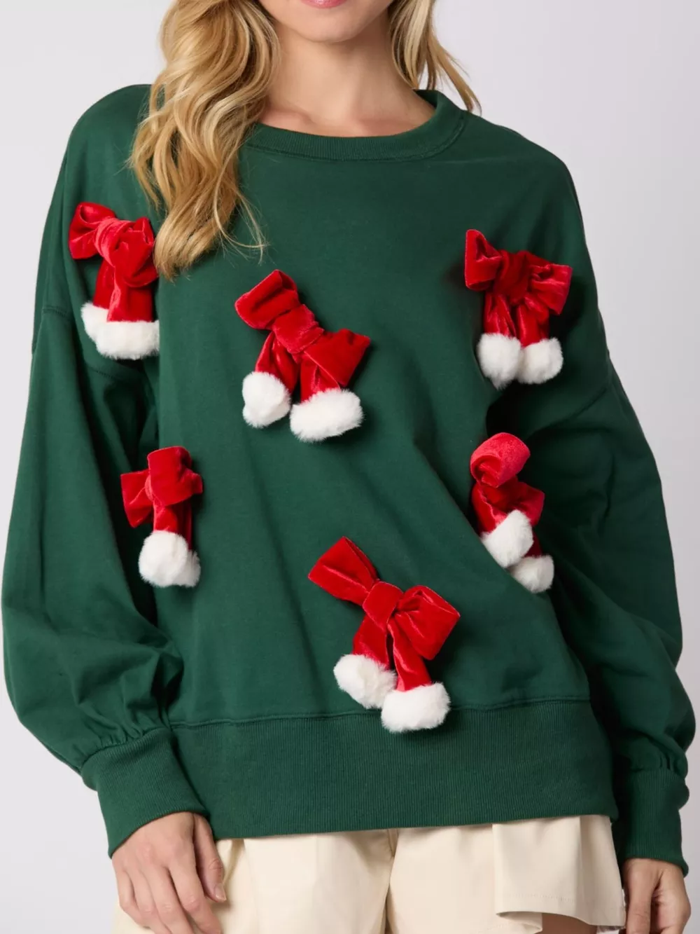 Christmas Long Sleeve Sweatshirt with Pom-Pom Bow Decoration