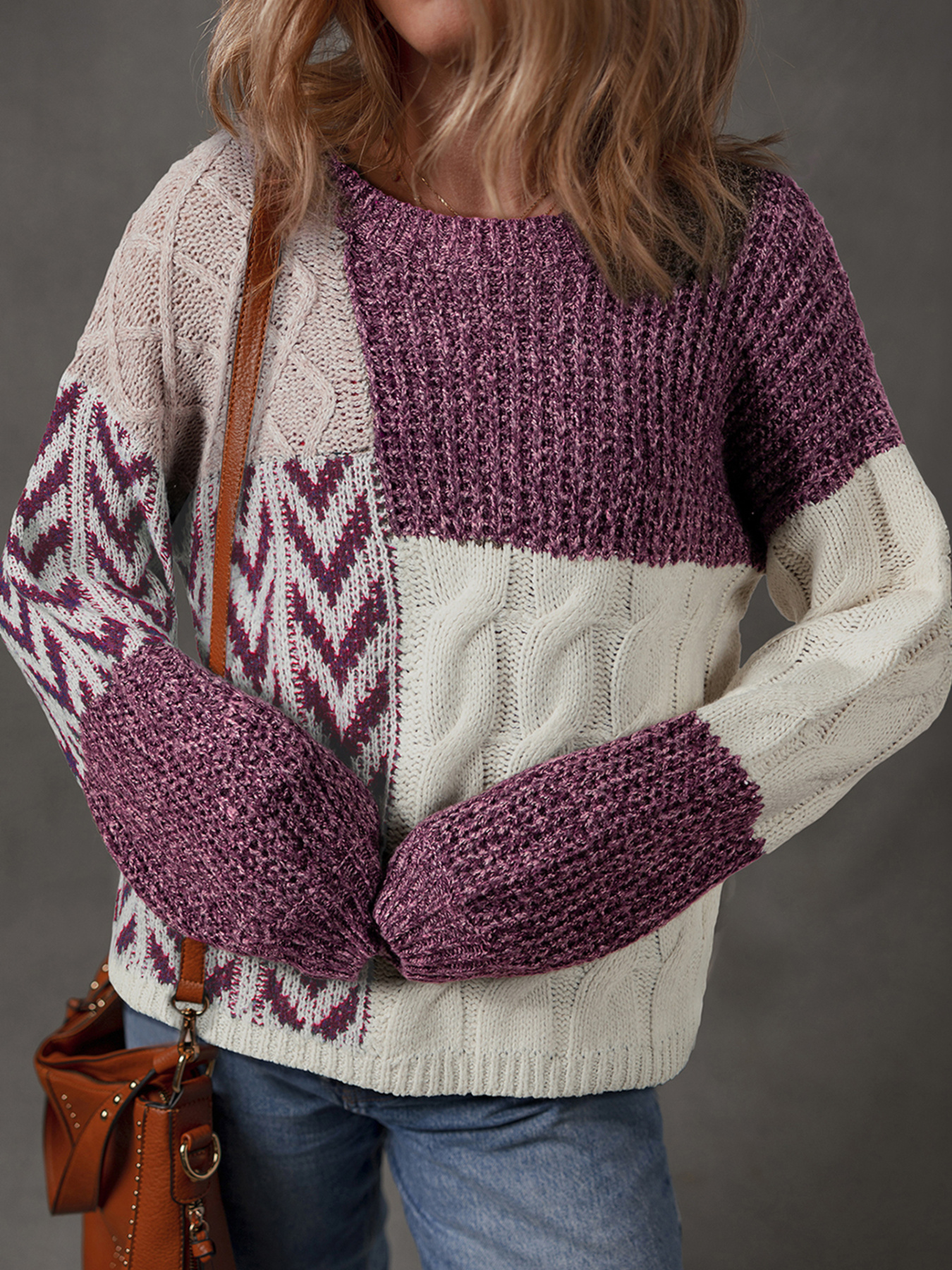 Color Block Patchwork Knotted Back Loose Fit Sweater